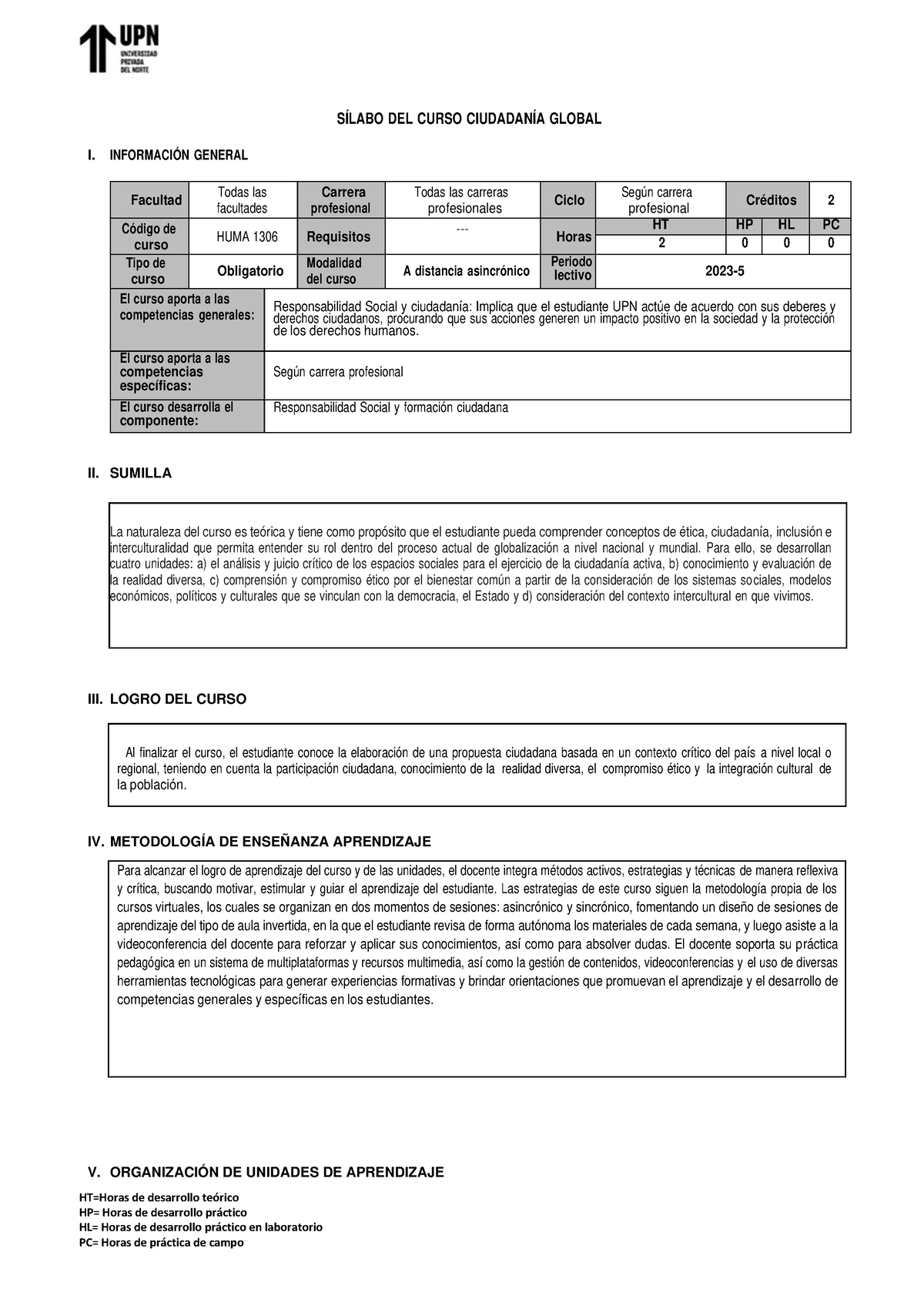 Silabo Curso Ciudadania Global - HT=Horas De Desarrollo TeÛrico HP ...