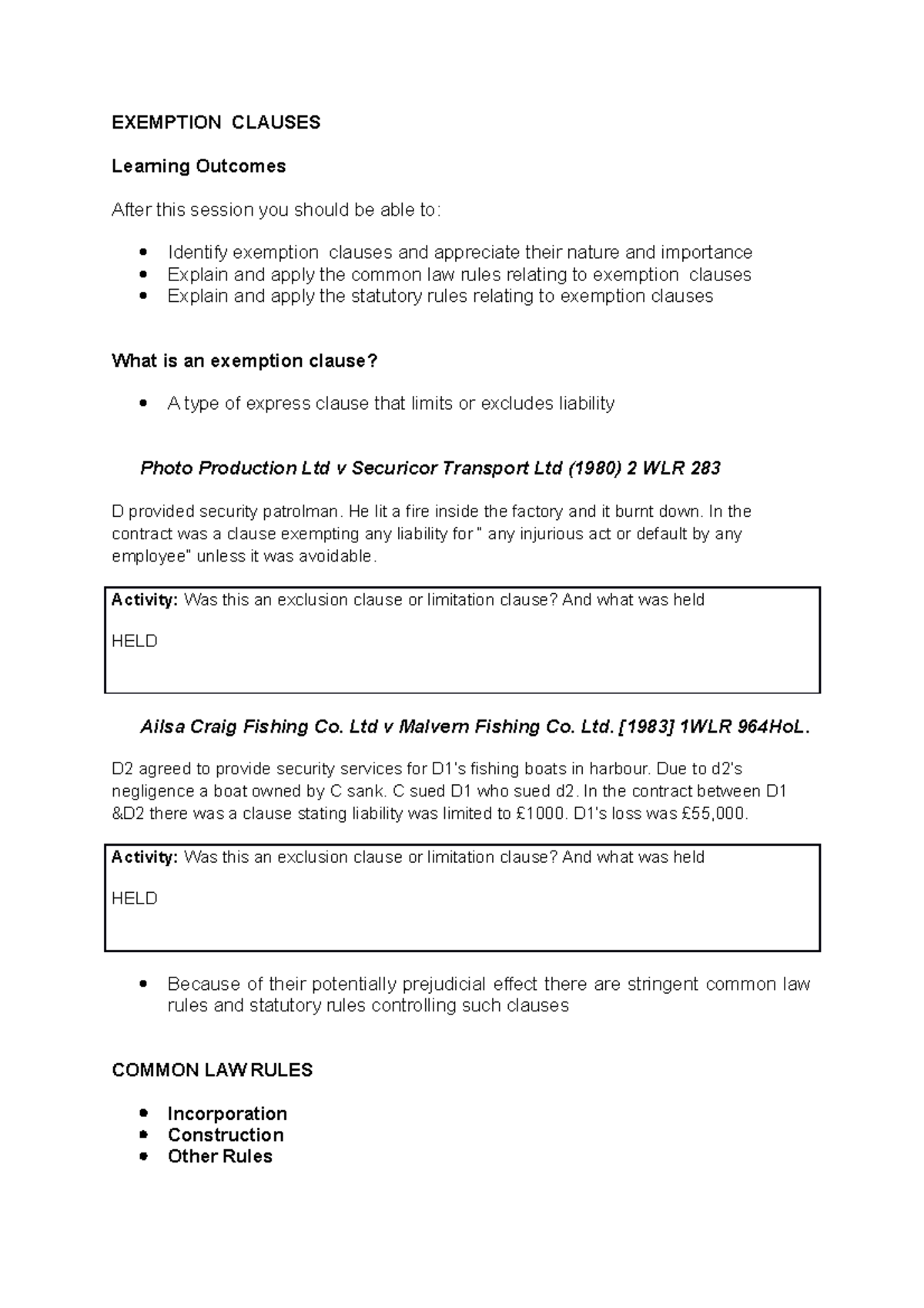 Exemption Clauses 2018 - EXEMPTION CLAUSES Learning Outcomes After this ...
