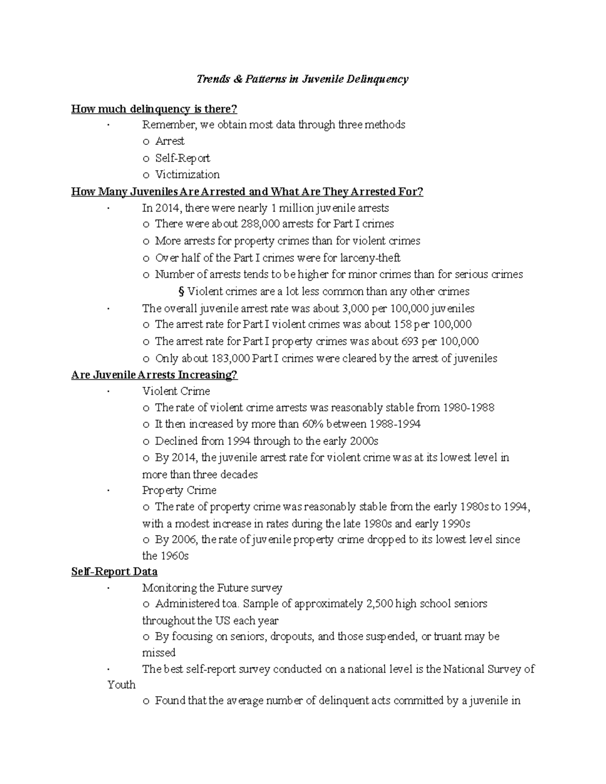 Delinquency Notes 1 Trends & Patterns in Juvenile Delinquency How