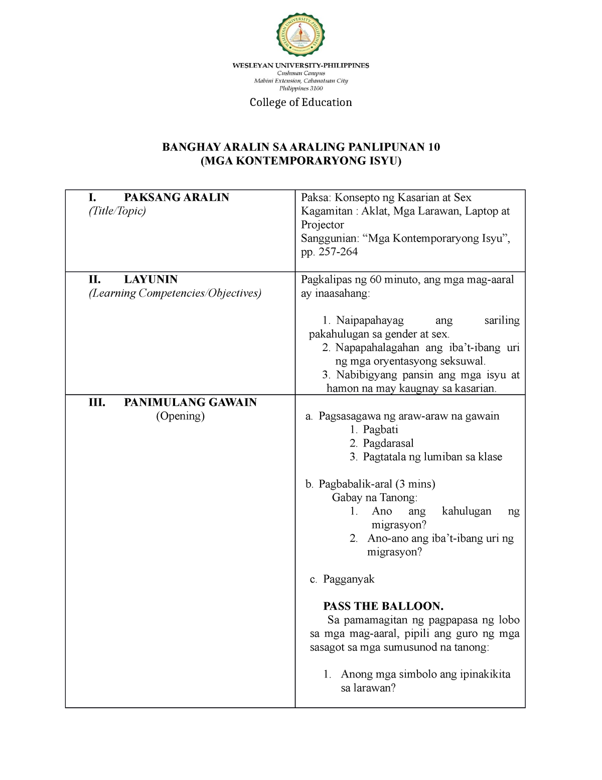 Module 3 Lesson Plan Banghay Aralin Sa Araling Panlipunan 10 Mga Kontemporaryong Isyu I 5289