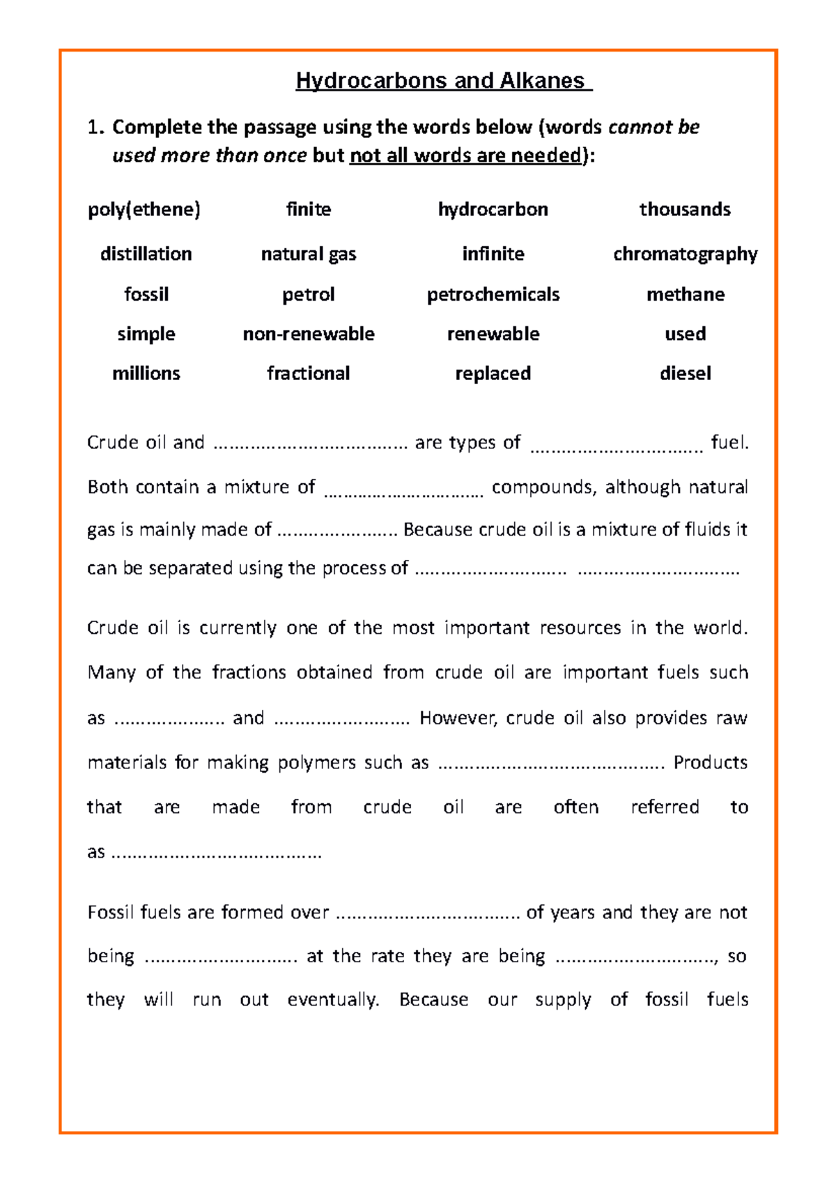 Hydrocarbons - Complete the passage using the words below (words cannot ...