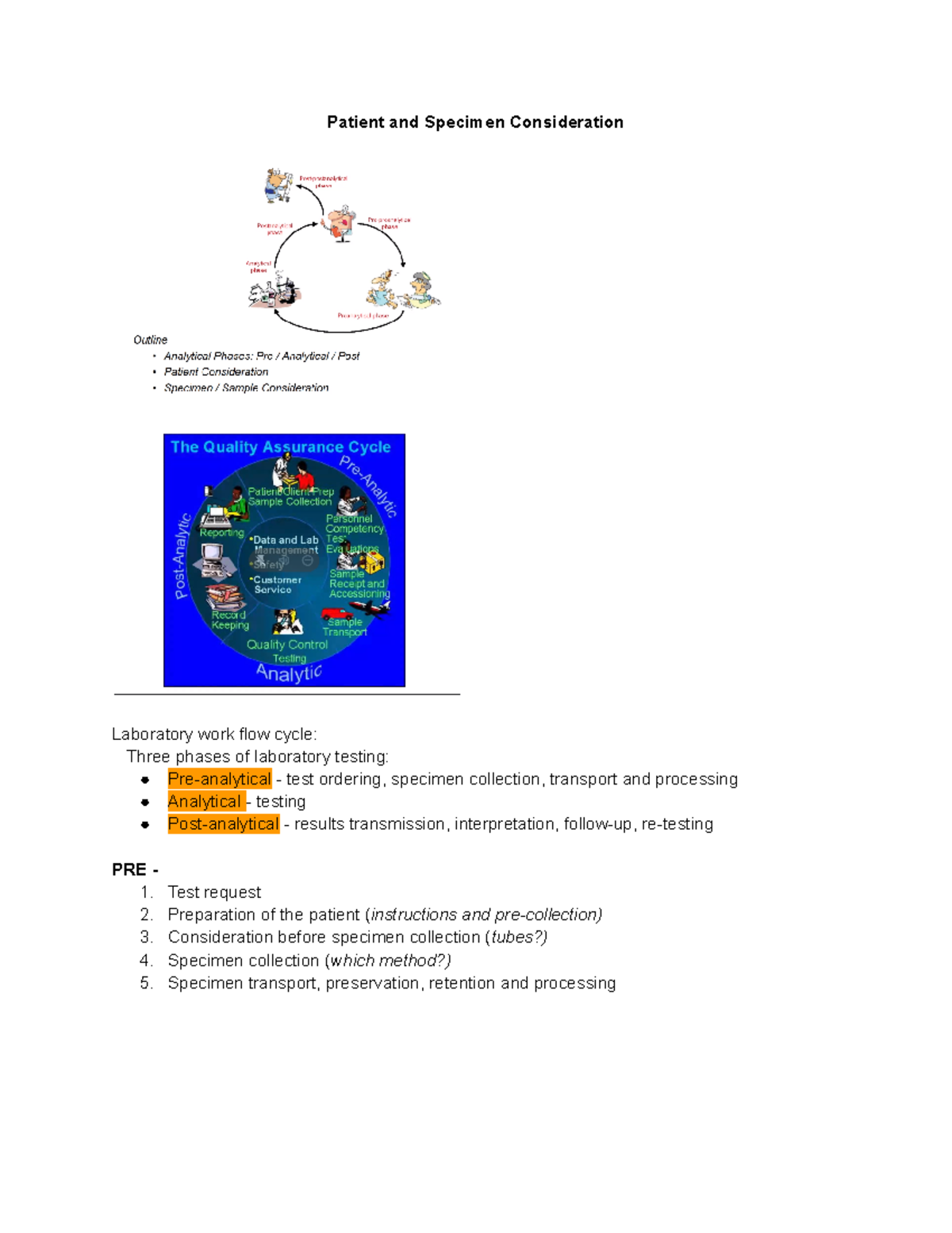 Patient and Specimen Consideration Patient and Specimen Consideration Laboratory work flow