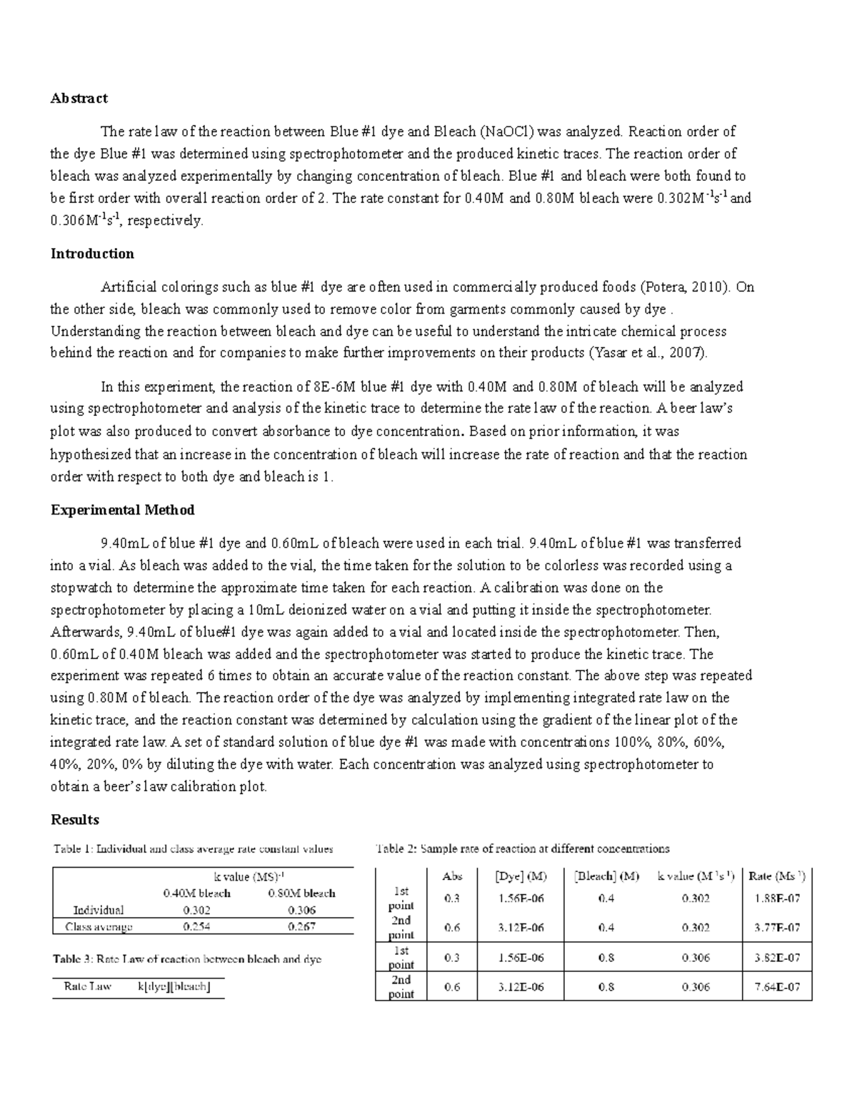 Experiment 11 LAB Report Abstract The rate law of the reaction