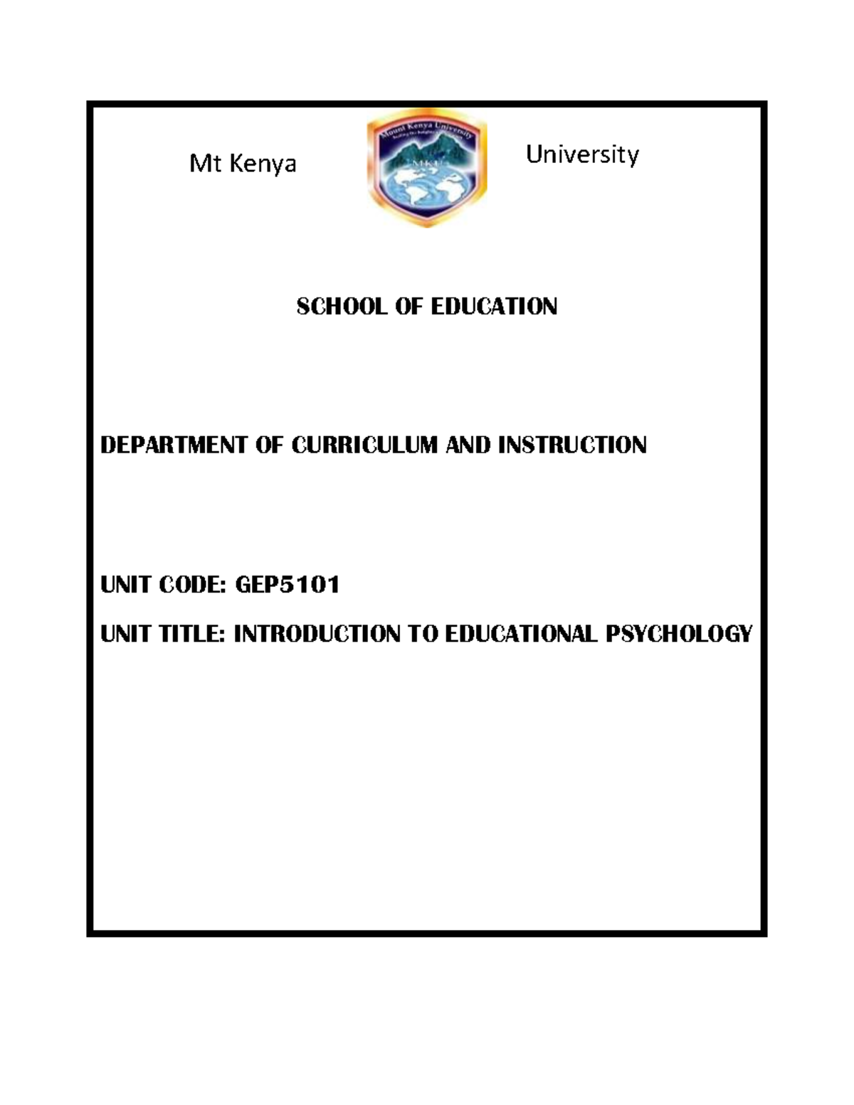 GEP5101 Introduction TO Educational Psychology Mt Kenya University