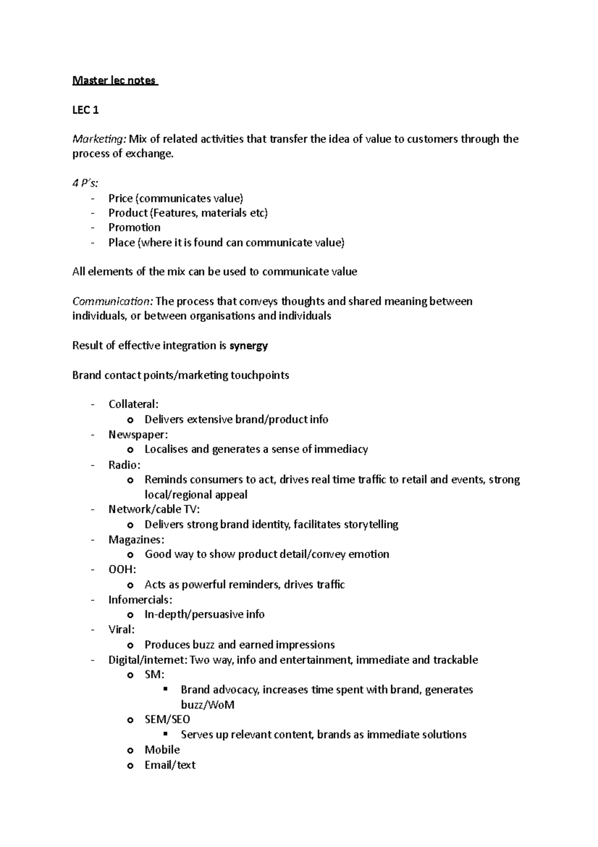 Week 1-12 Lecture notes - Master lec notes LEC 1 Marketing: Mix of ...