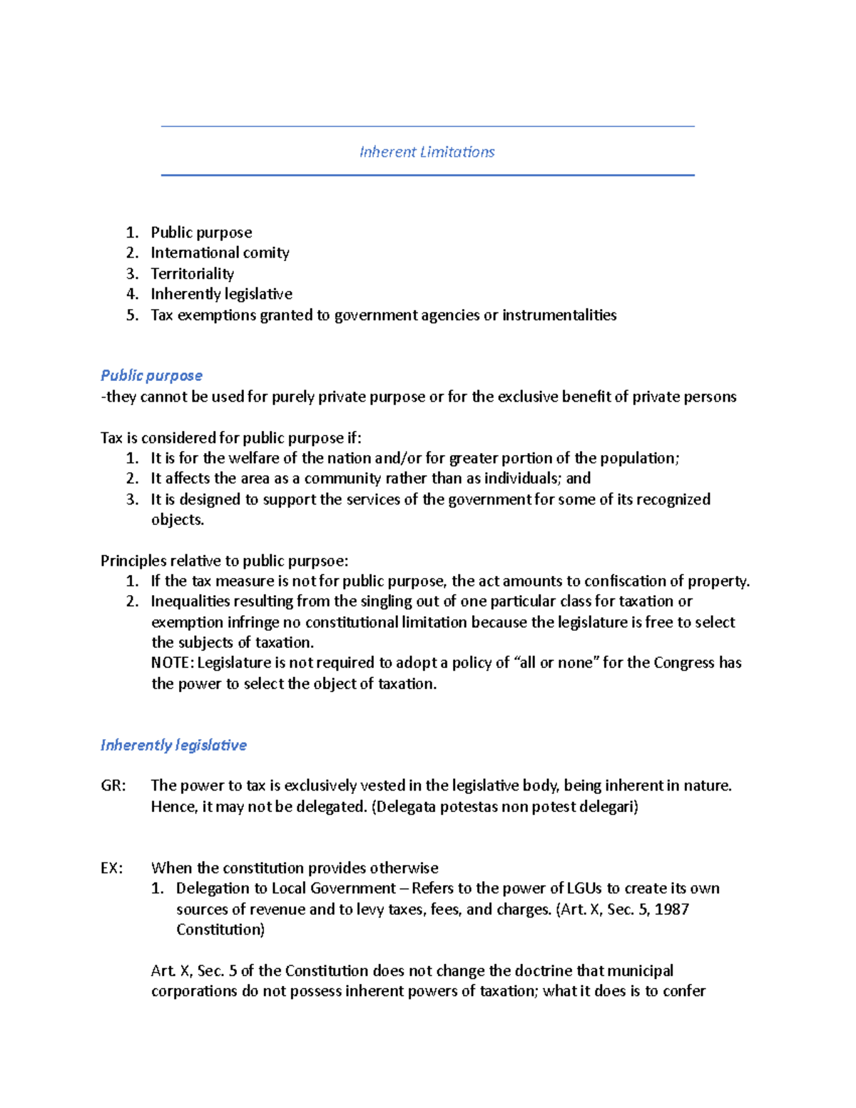 Limitations on the power of tax - Inherent Limitations Public purpose ...