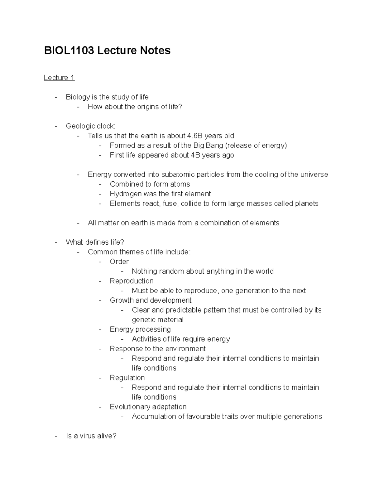 BIOL1103 Lecture Notes - BIOL1103 Lecture Notes Lecture 1 Biology is ...