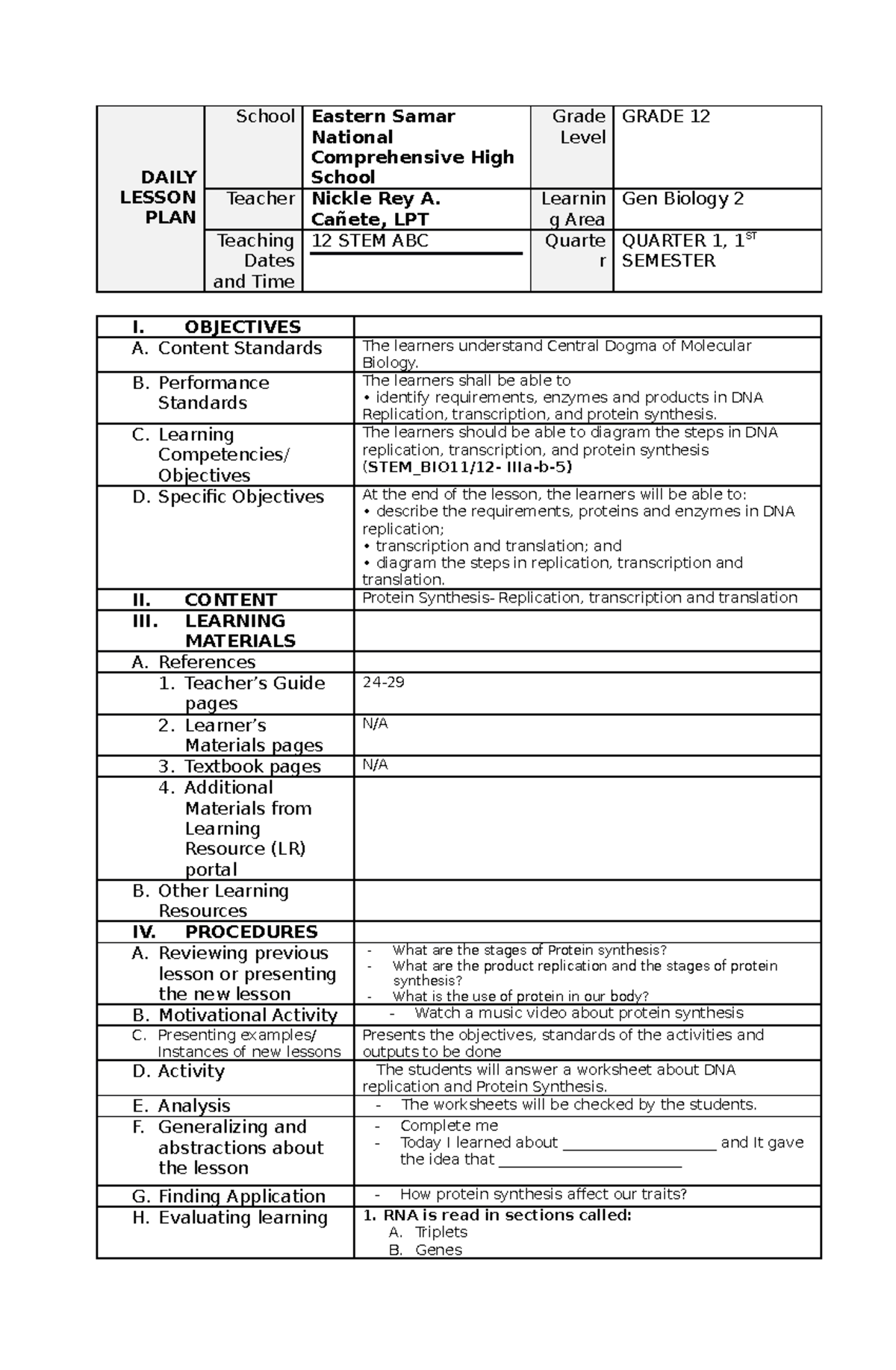 DLP-GB2 protein synthesis activity - DAILY LESSON PLAN School Eastern ...