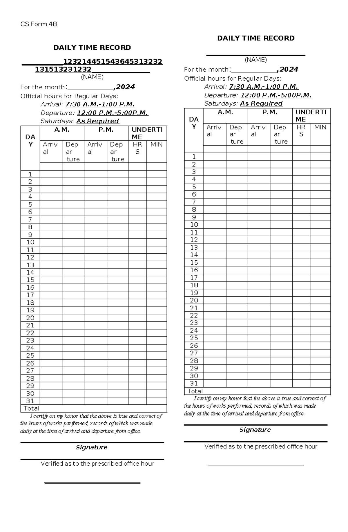 Sss - asdqwe - CS Form 48 DAILY TIME RECORD ____________ 131513231232 ...