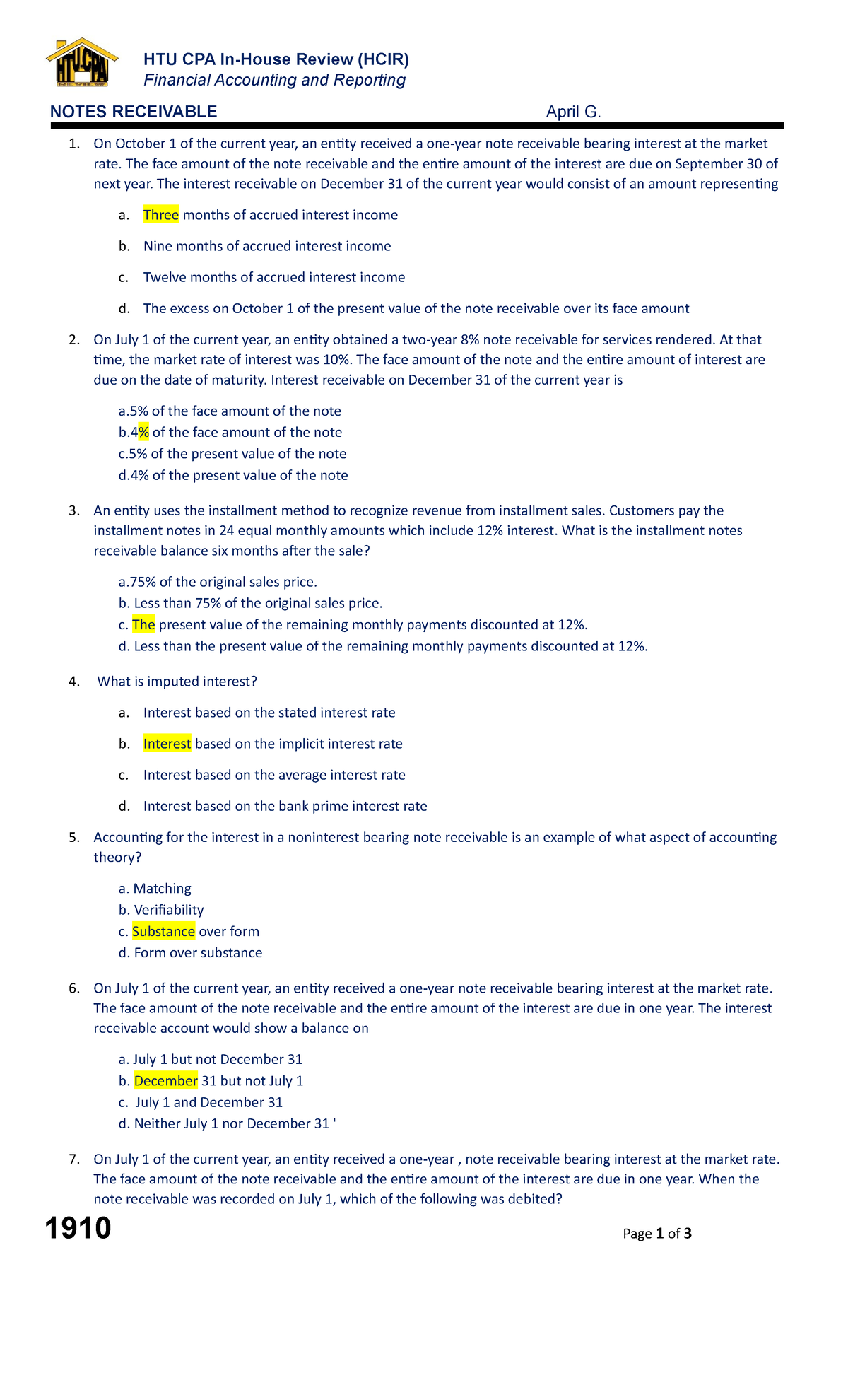 1910 NOTES RECEIVABLE HTU CPA In House Review HCIR Financial 