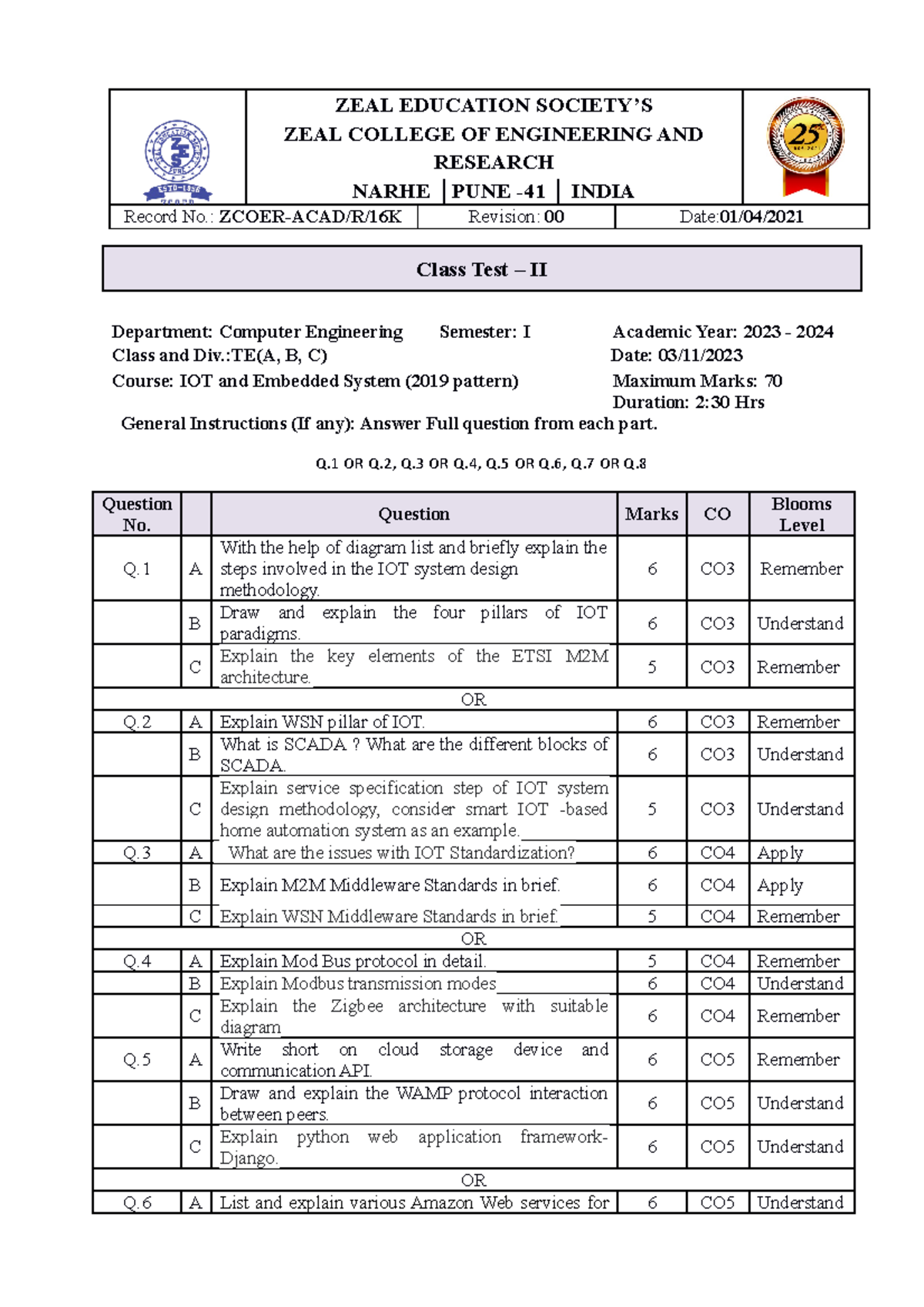 IOT Class test 2 - Iot test - ZEAL EDUCATION SOCIETY’S ZEAL COLLEGE OF ...