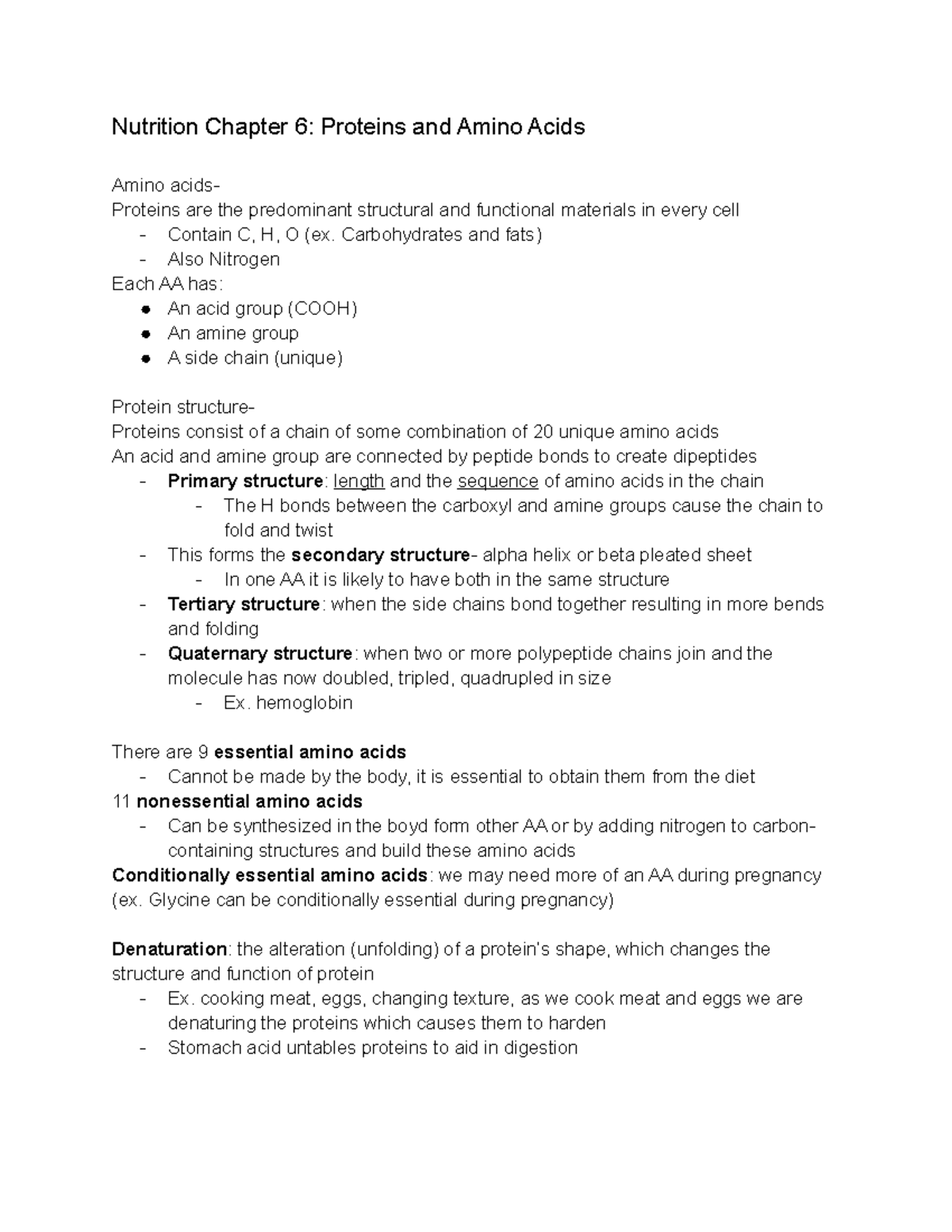 Nutrition Chapter 6 Proteins and Amino Acids Carbohydrates and fats) Also Nitrogen Each AA