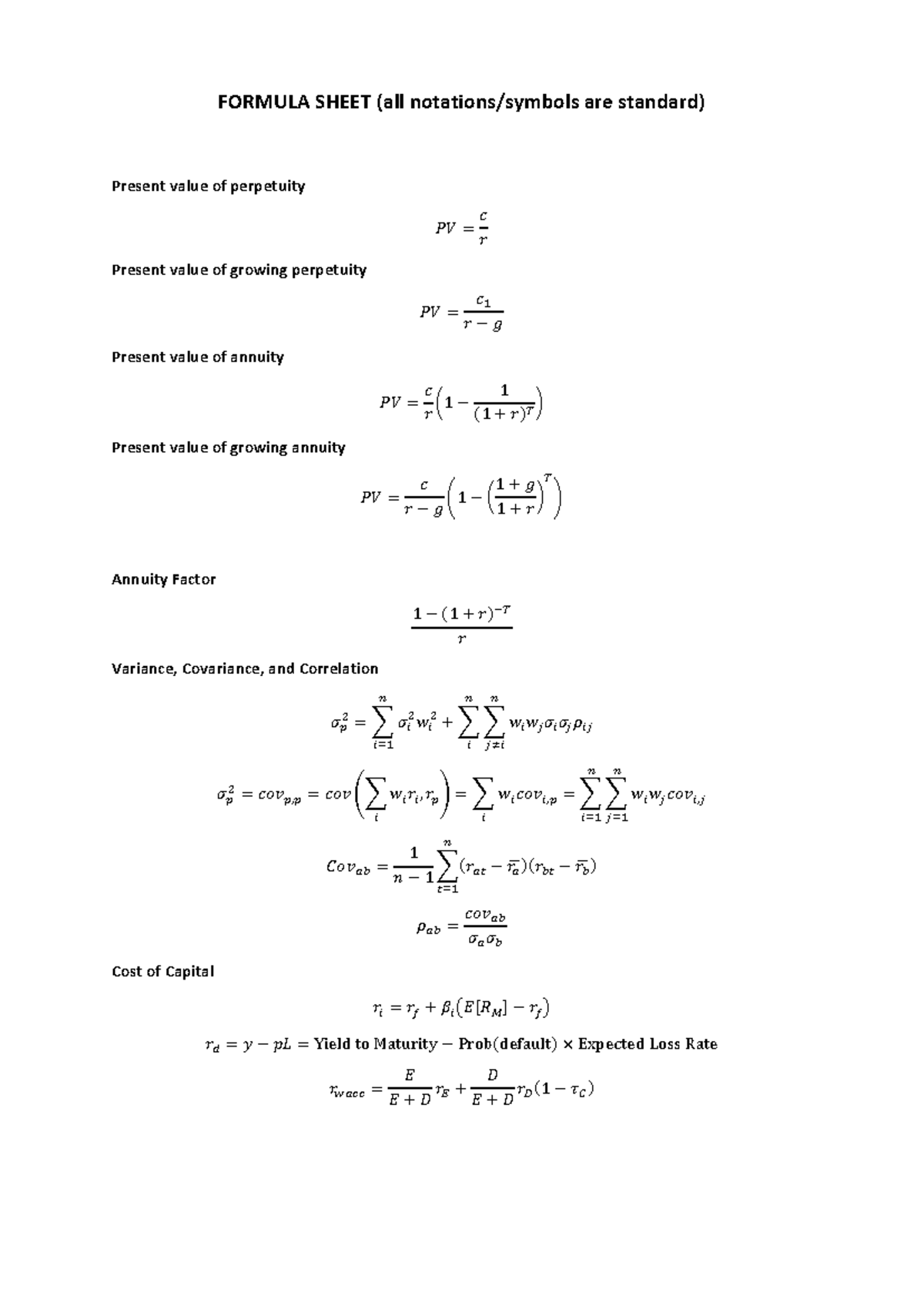 Equation sheet for principle of finance - FORMULA SHEET (all notations ...