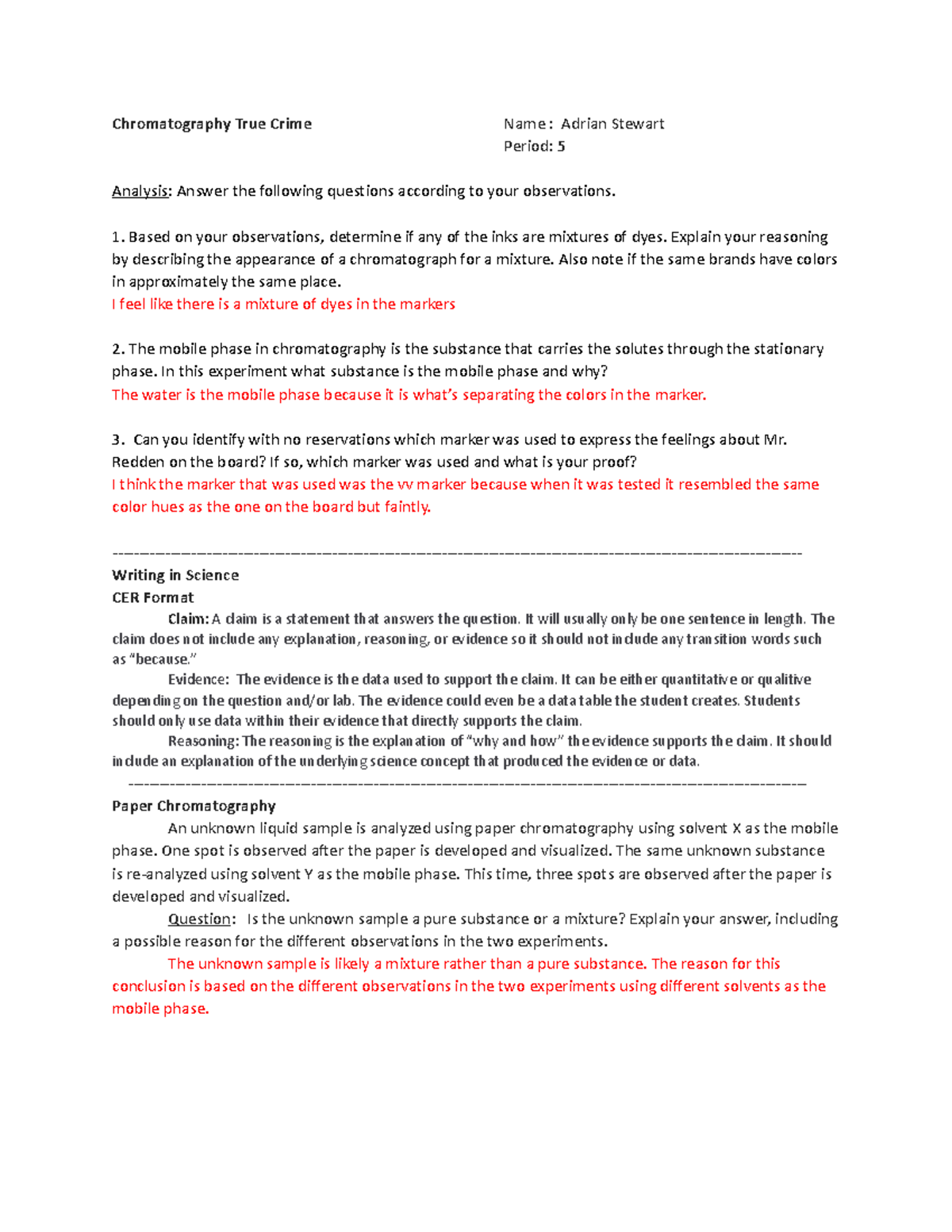 CER Chromatography CER Worksheet Answers Chromatography True Crime