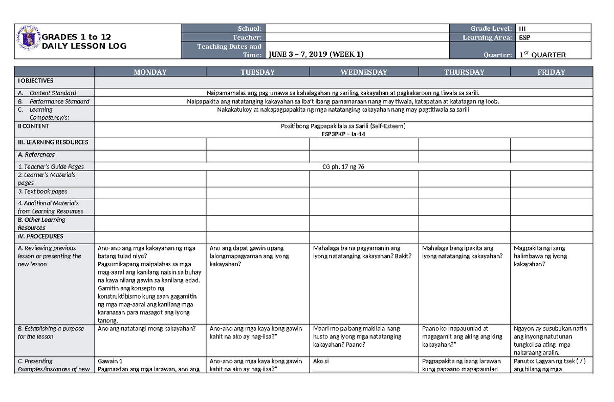 DLL ESP 3 Q1 W1 - NOTE - GRADES 1 to 12 DAILY LESSON LOG School: Grade ...