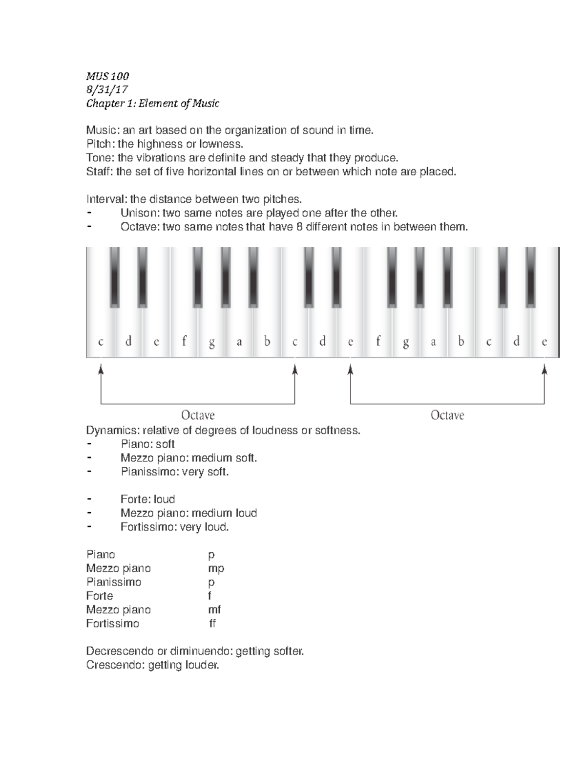MUS 100 - Chapter 1 - Lecture notes 1 - MUS 100 Chapter 1: Element of ...