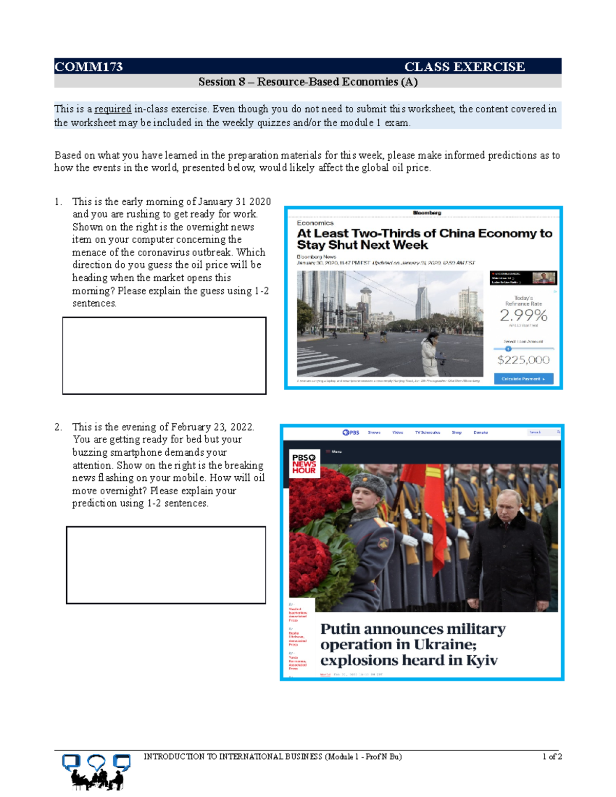 S8 Class Exercise Worksheet - COMM173 CLASS EXERCISE Session 8 ...