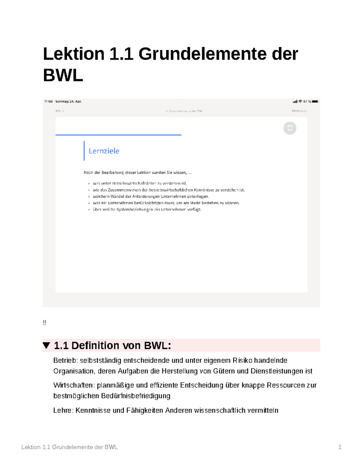 Lektion 1 - Zusammenfassung Des Ersten Abschnitts Grundlagen Der BWL ...