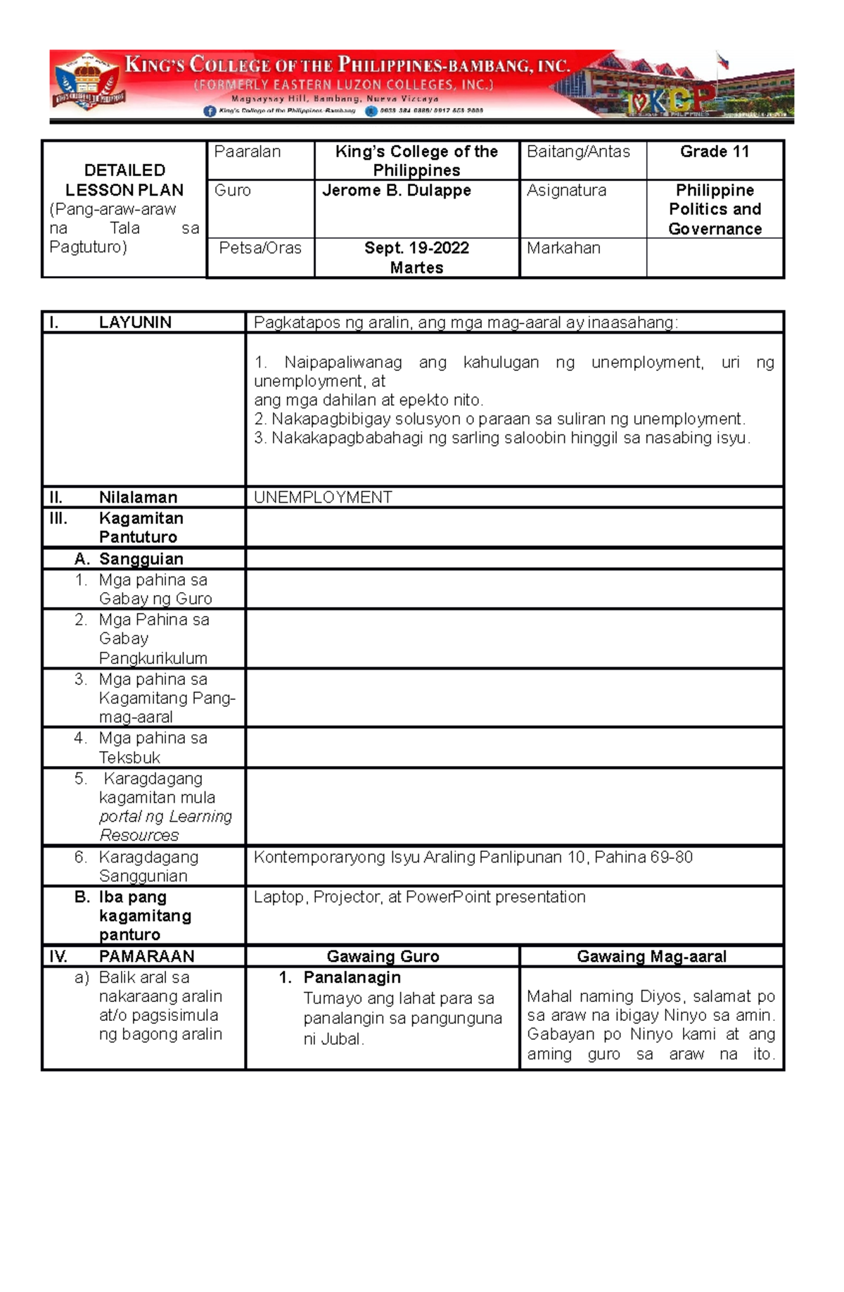 Prince JD POGI FINal lesson plan - DETAILED LESSON PLAN (Pang-araw-araw ...