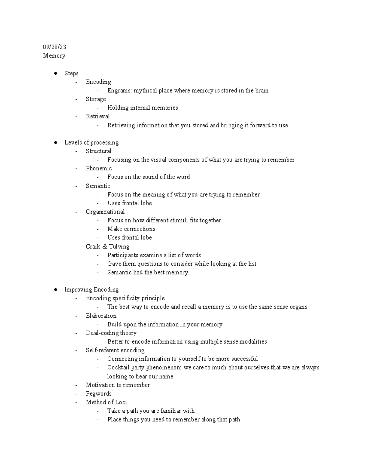 Psych 111 Notes - 09/28/ Memory Steps - Encoding - Engrams: mythical ...