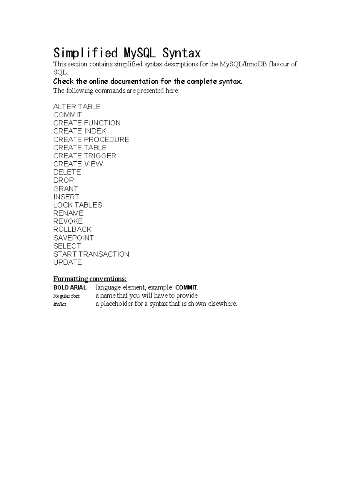 My SQL syntax - MySQL cheat sheet