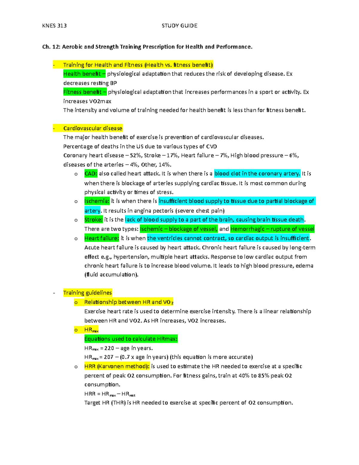 Chapter 12 Study Guide - KNES 313 STUDY GUIDE Ch. 12: Aerobic and ...