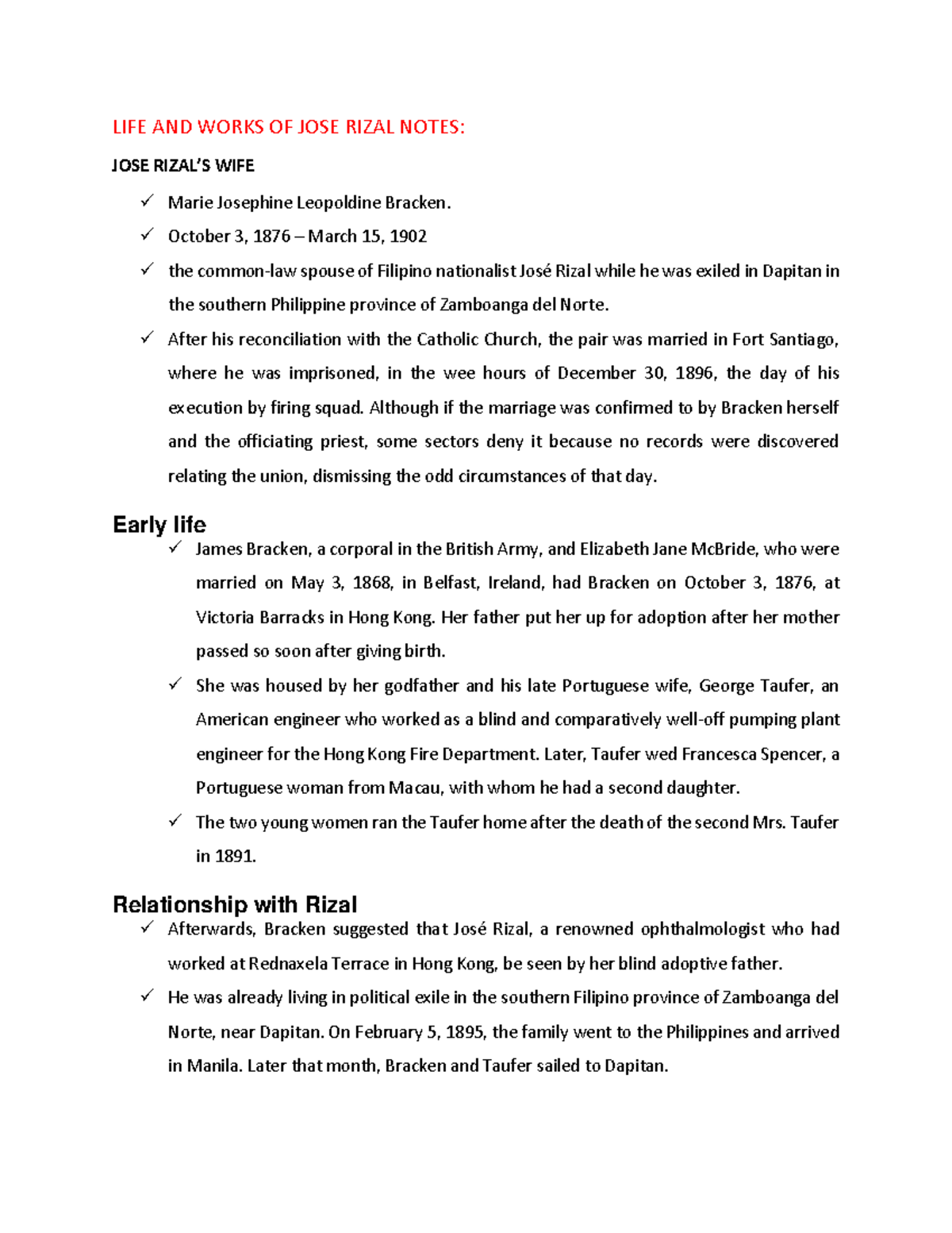 LIFE AND Works OF JOSE Rizal - LIFE AND WORKS OF JOSE RIZAL NOTES: JOSE ...
