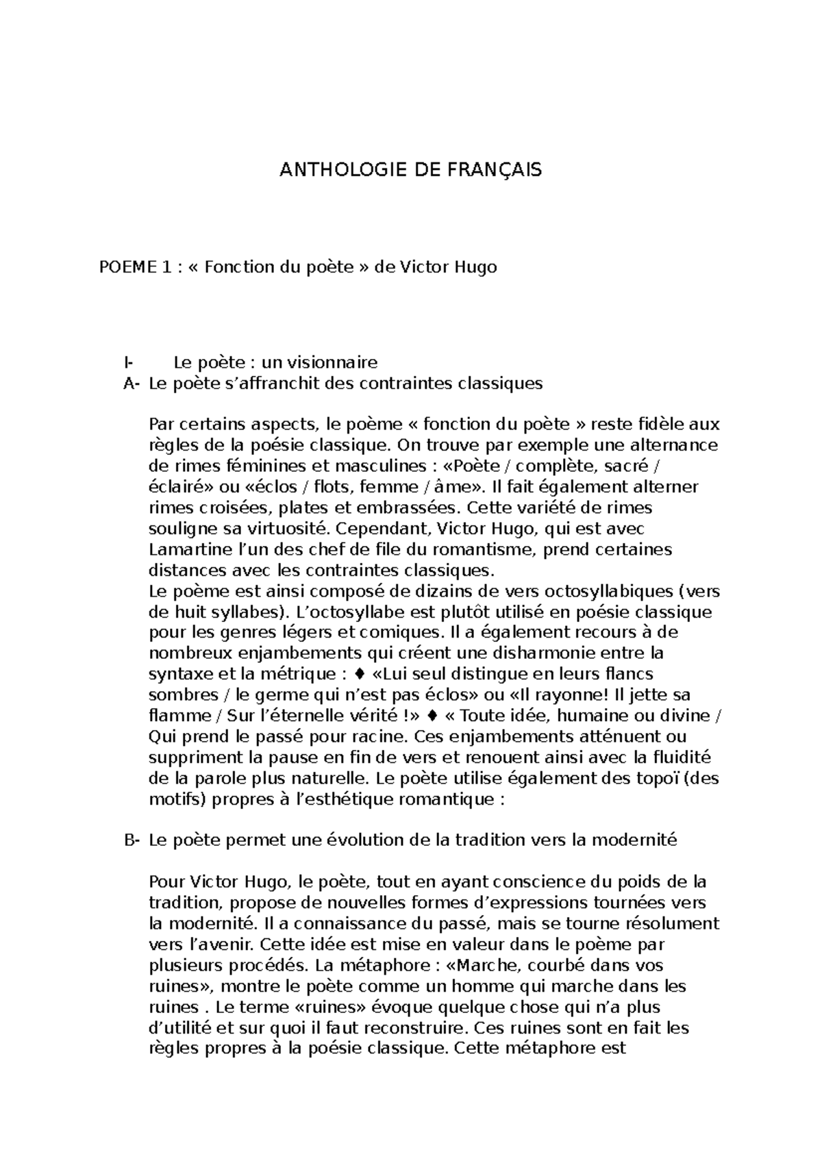 Anthologie DE Français ANTHOLOGIE DE FRANÇAIS POEME 1 « Fonction du poète » de Victor Hugo I