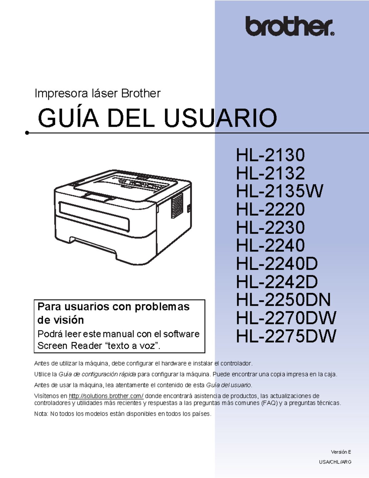 Brother HL2270 DW Manual de usuario GUÍA DEL USUARIO Impresora