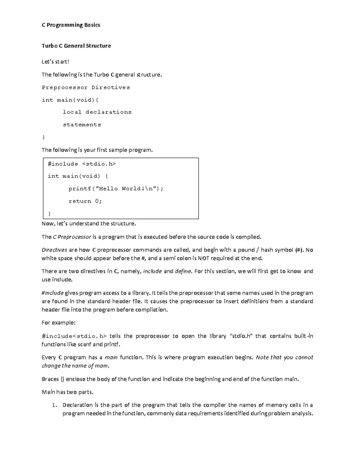 2 Turbo C++ General Structure 2 Turbo C++ General Structure - C ...