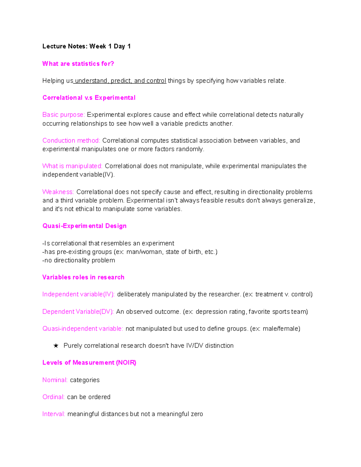 Psych 302 Notes W1 L1 - Lecture Notes: Week 1 Day 1 What are statistics ...