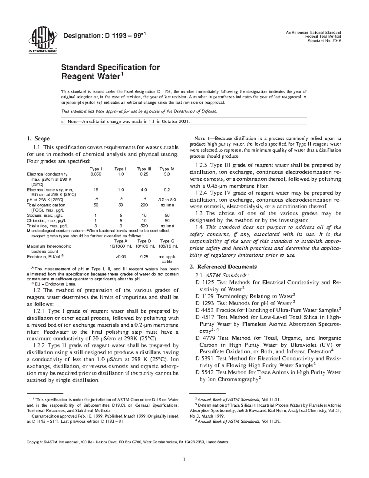 ASTM D1193-99 Standard Specification for Reagent Water - Designation: D ...