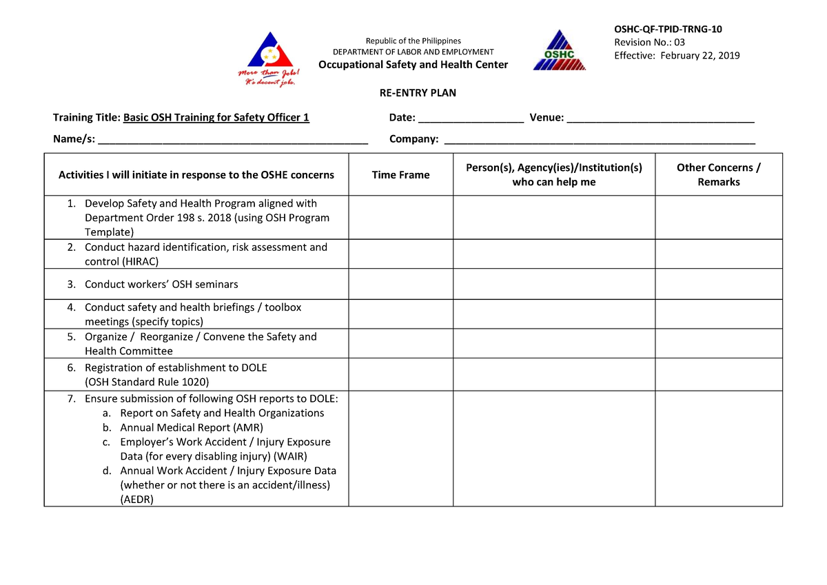 Re Entry Plan Form BOSH For SO1 - Republic Of The Philippines ...