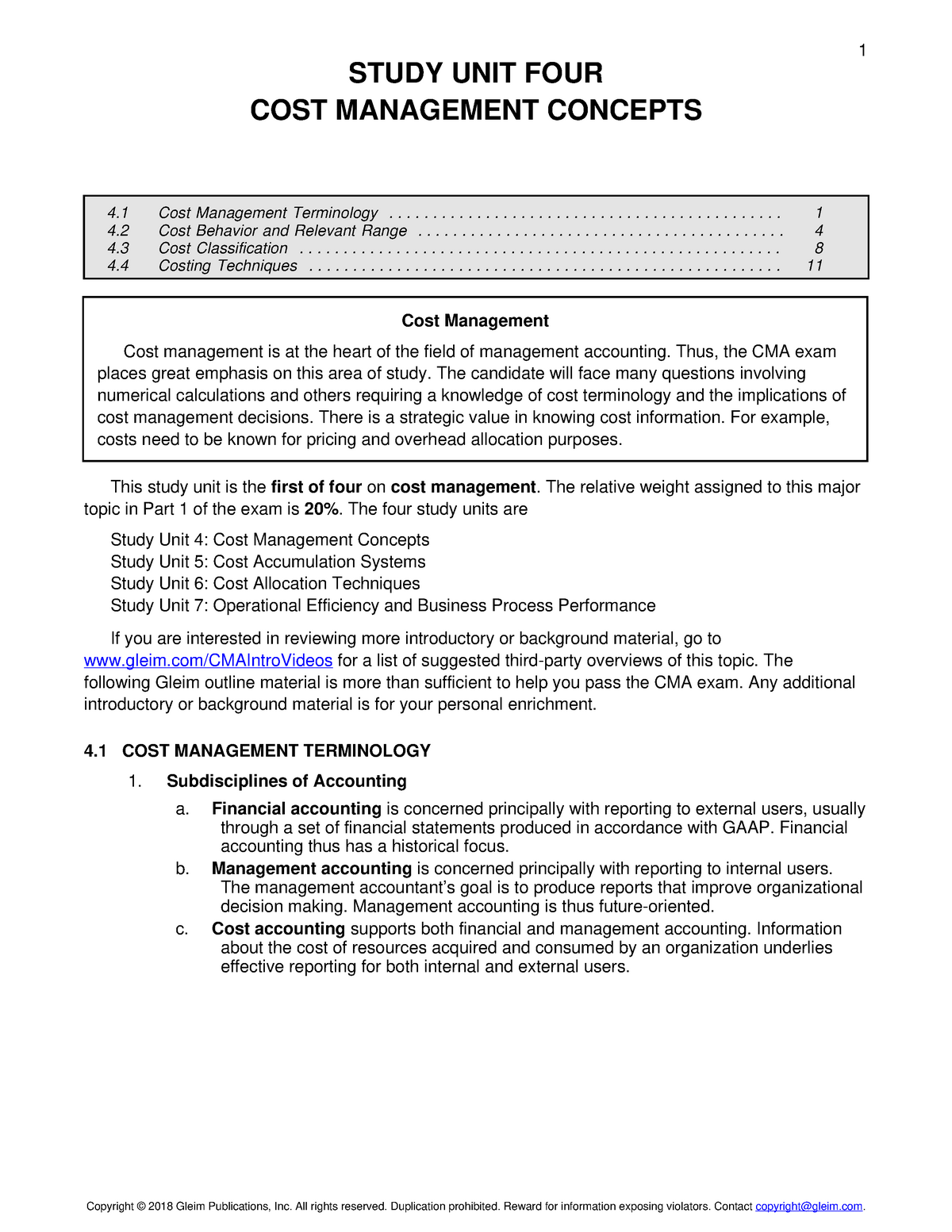 Cma Cma1 Su4 Outline - 1 Study Unit Four Cost Management Concepts 4 Cost  Management - Studocu