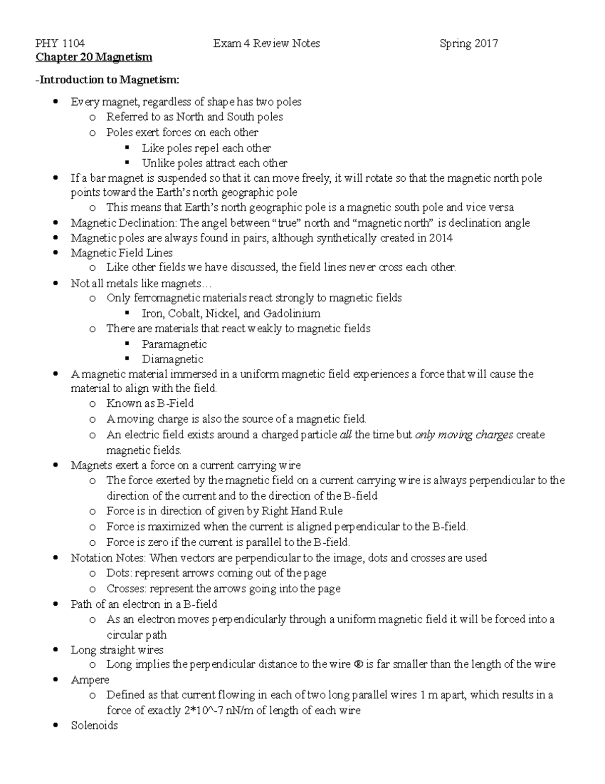 Exam 4 review sheet updated - PHY 1104 Chapter 20 Magnetism Exam 4 ...