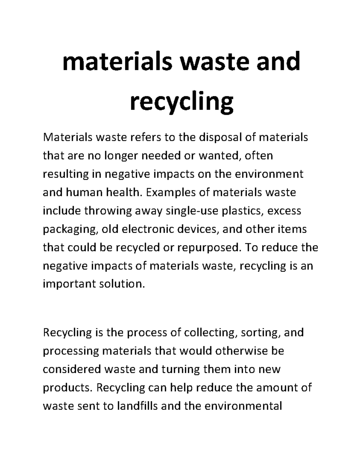 Materials waste and recycling part 1 materials waste and recycling