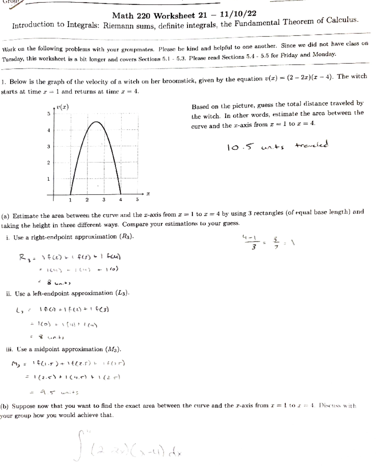 Worksheet 21 - Riemann Sums, Definite Integrals, Fundamental Theorem Of ...