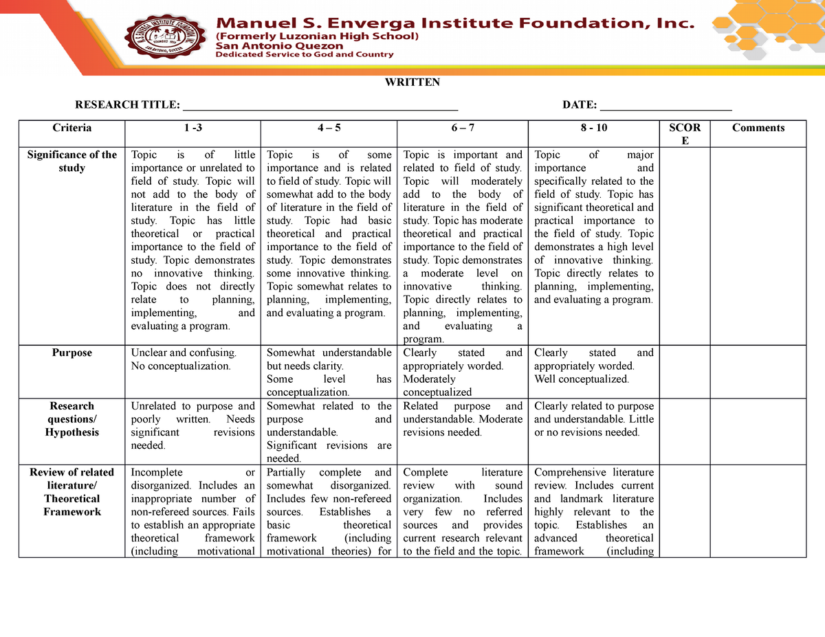 rubrics for written research methodology brainly