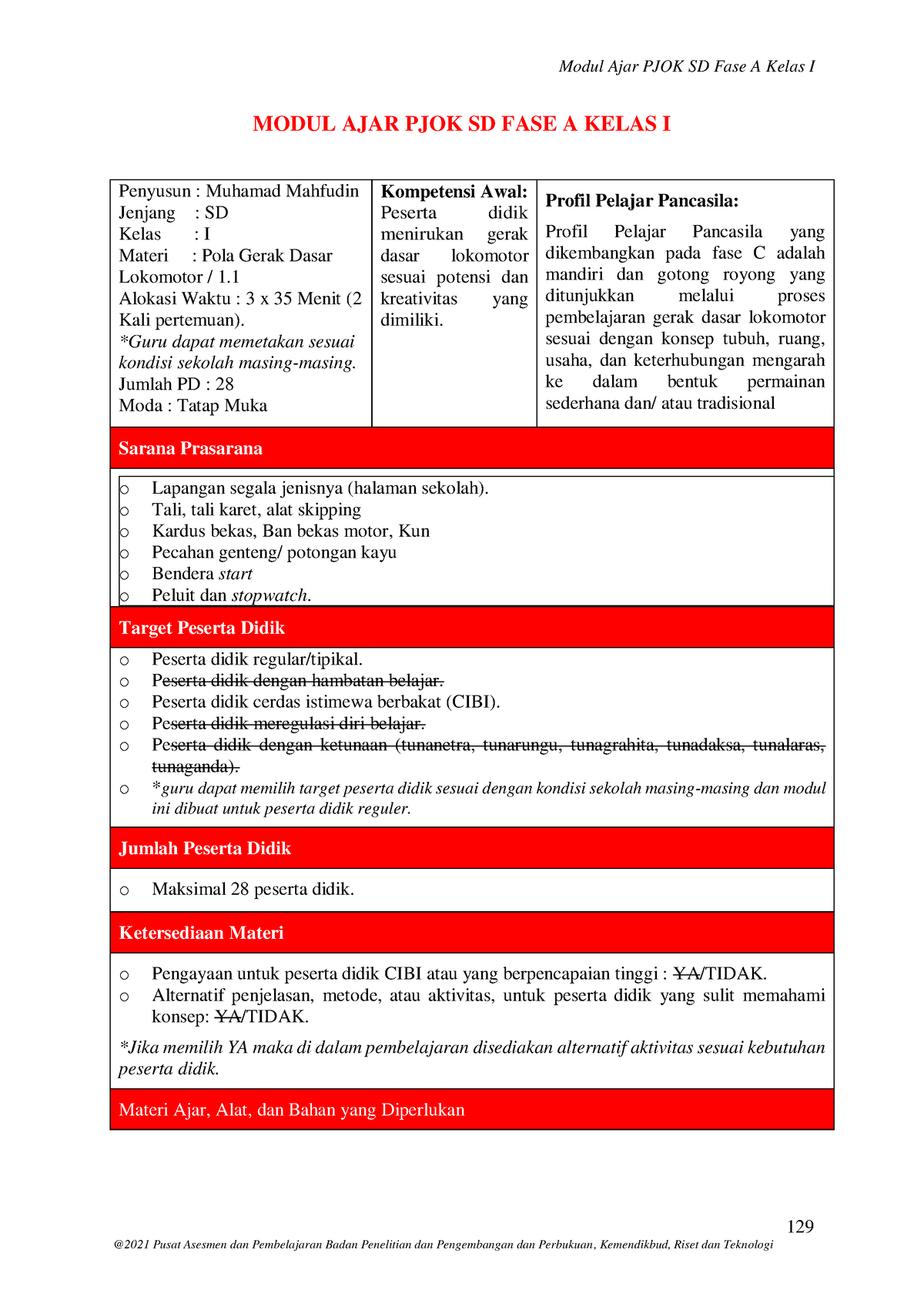 Modul AJAR PJOK Kelas 1 - BAHAN AJAR SEKOLAH DASAR MAPEL PJOK - 129 ...