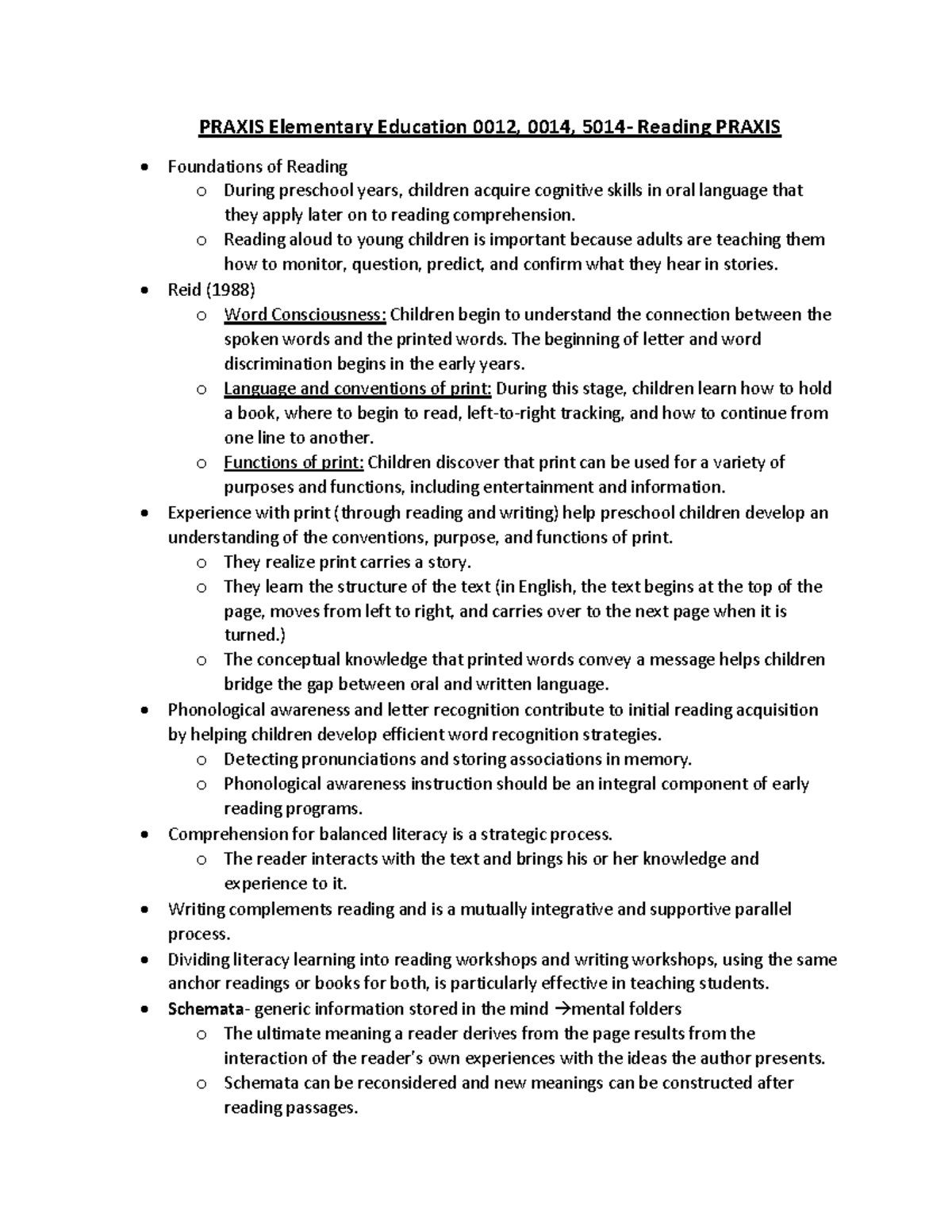 Praxis Elementary Education 0012, 0014, 5014 Reading Praxis PRAXIS