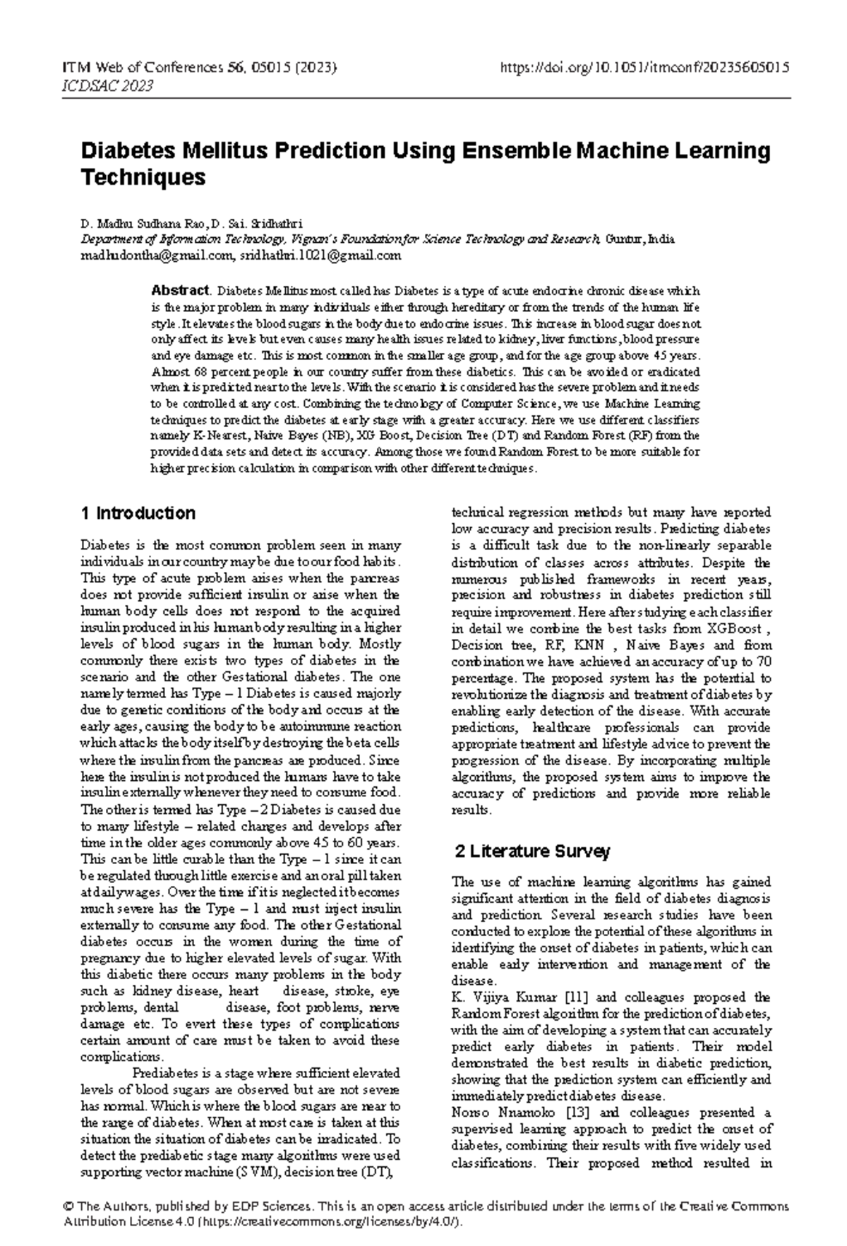 Diabetes Mellitus Prediction Using Ensemble Machin - Madhu Sudhana Rao ...