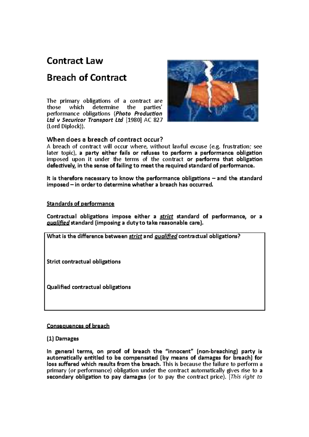 Breach Of Contract - Contract Law Breach Of Contract The Primary ...