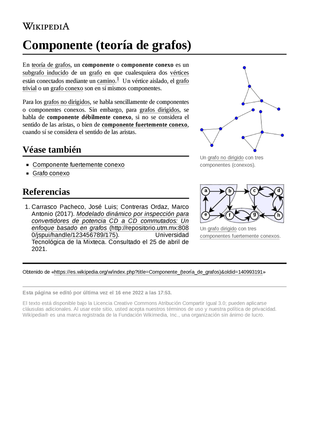 Componente teoría de grafos Un grafo no dirigido con tres componentes conexos Un grafo