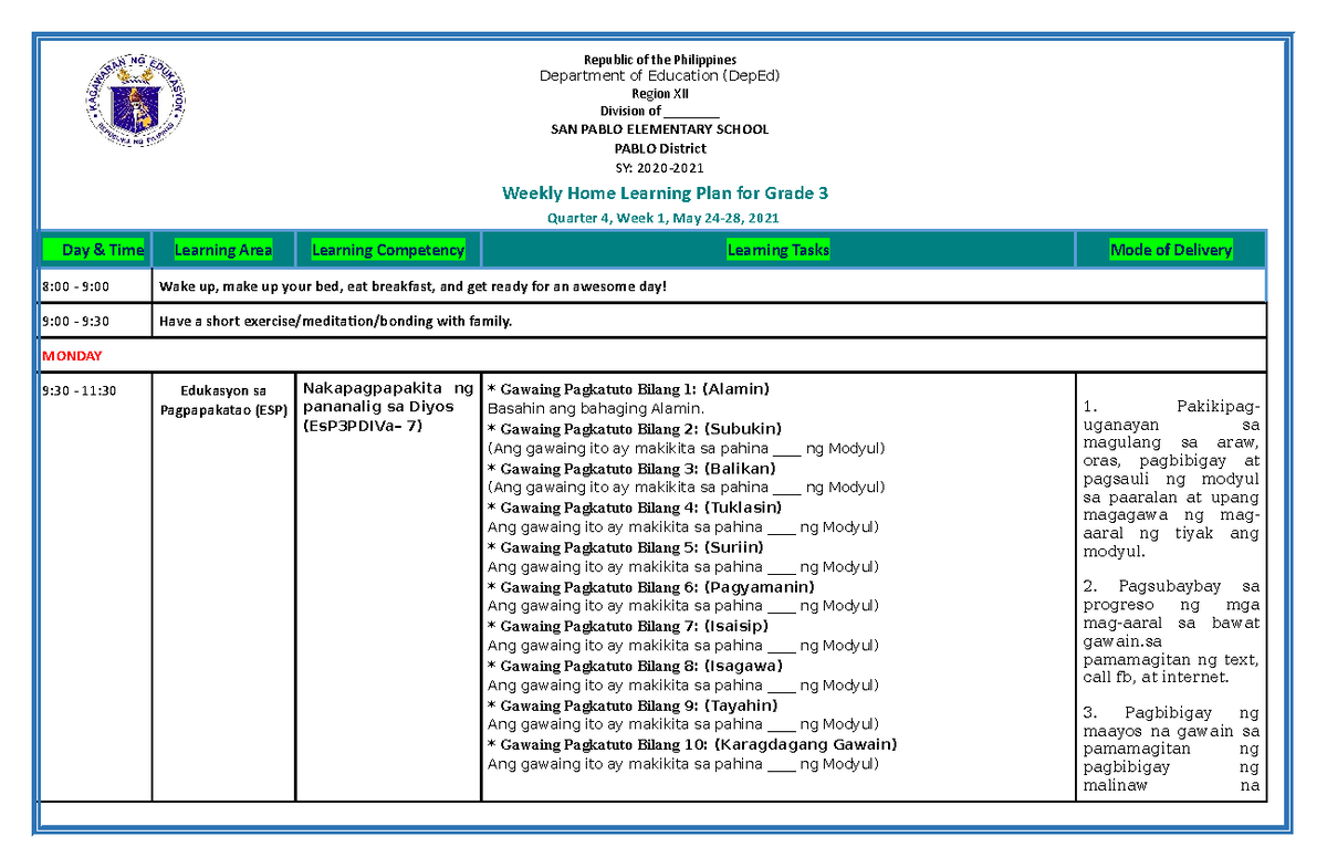 Grade 3 ALL Subjects WHLP Q4 W1 - Weekly Home Learning Plan for Grade 3 ...