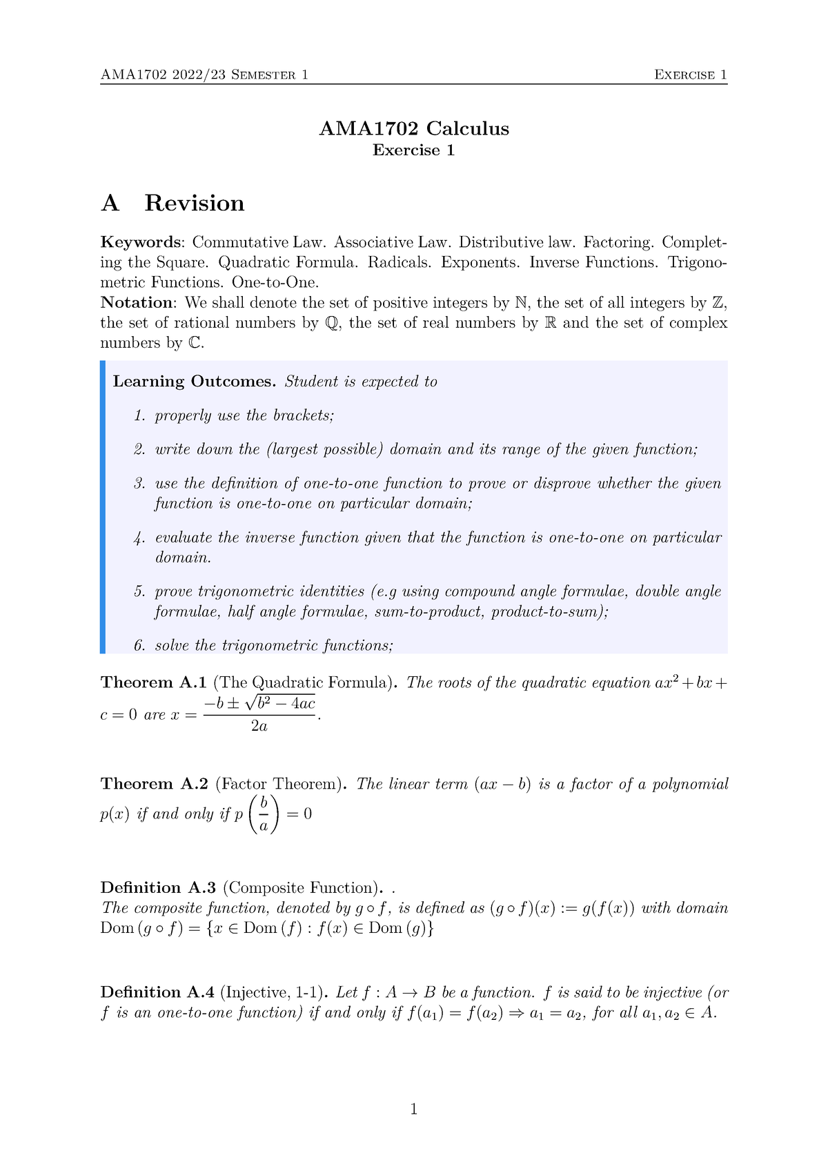 Exercise 1 Solution - AMA1702 Calculus Exercise 1 A Revision Keywords ...