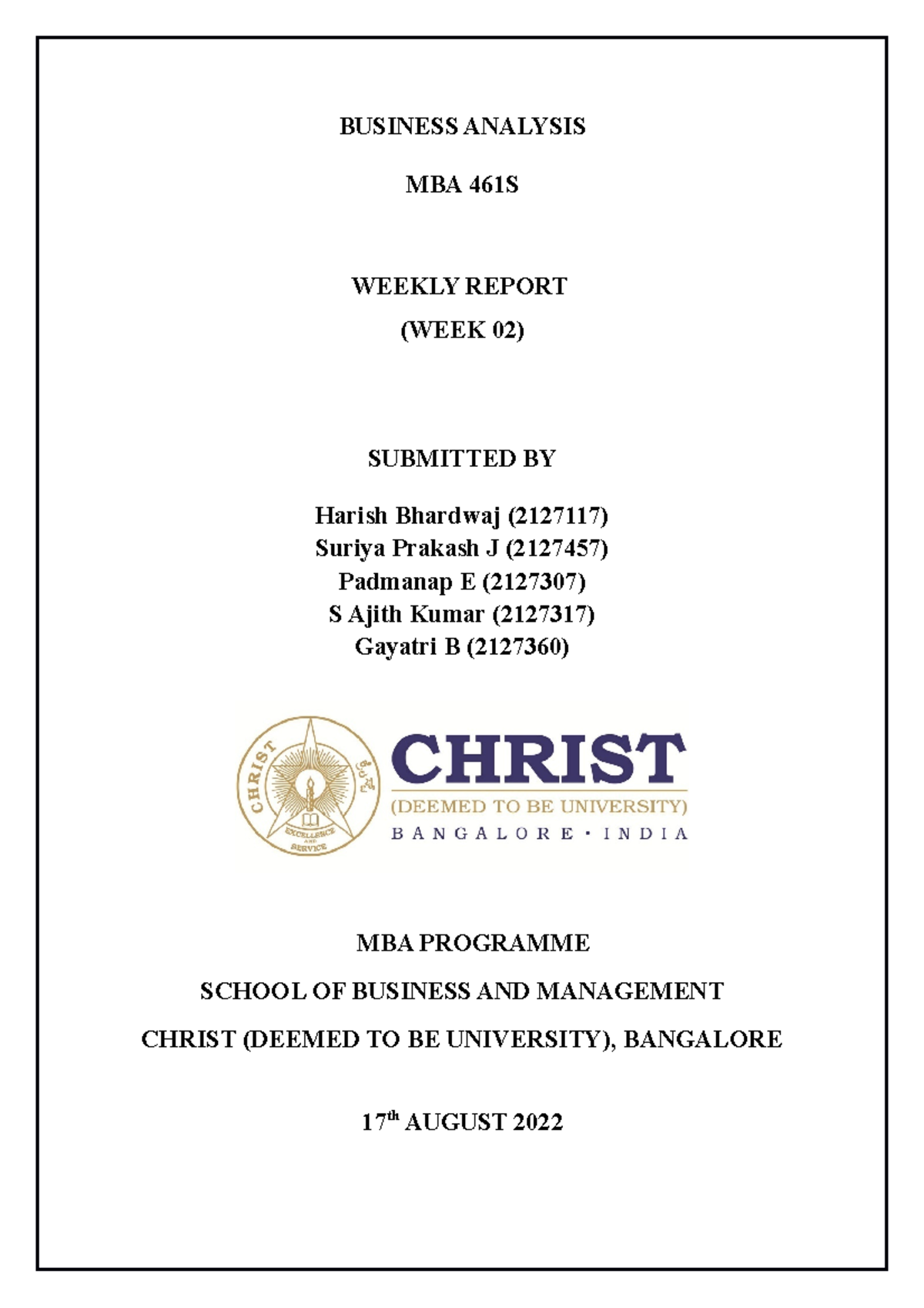 BA Group 7 Weekly Report (Week 02) - BUSINESS ANALYSIS MBA 461S WEEKLY ...