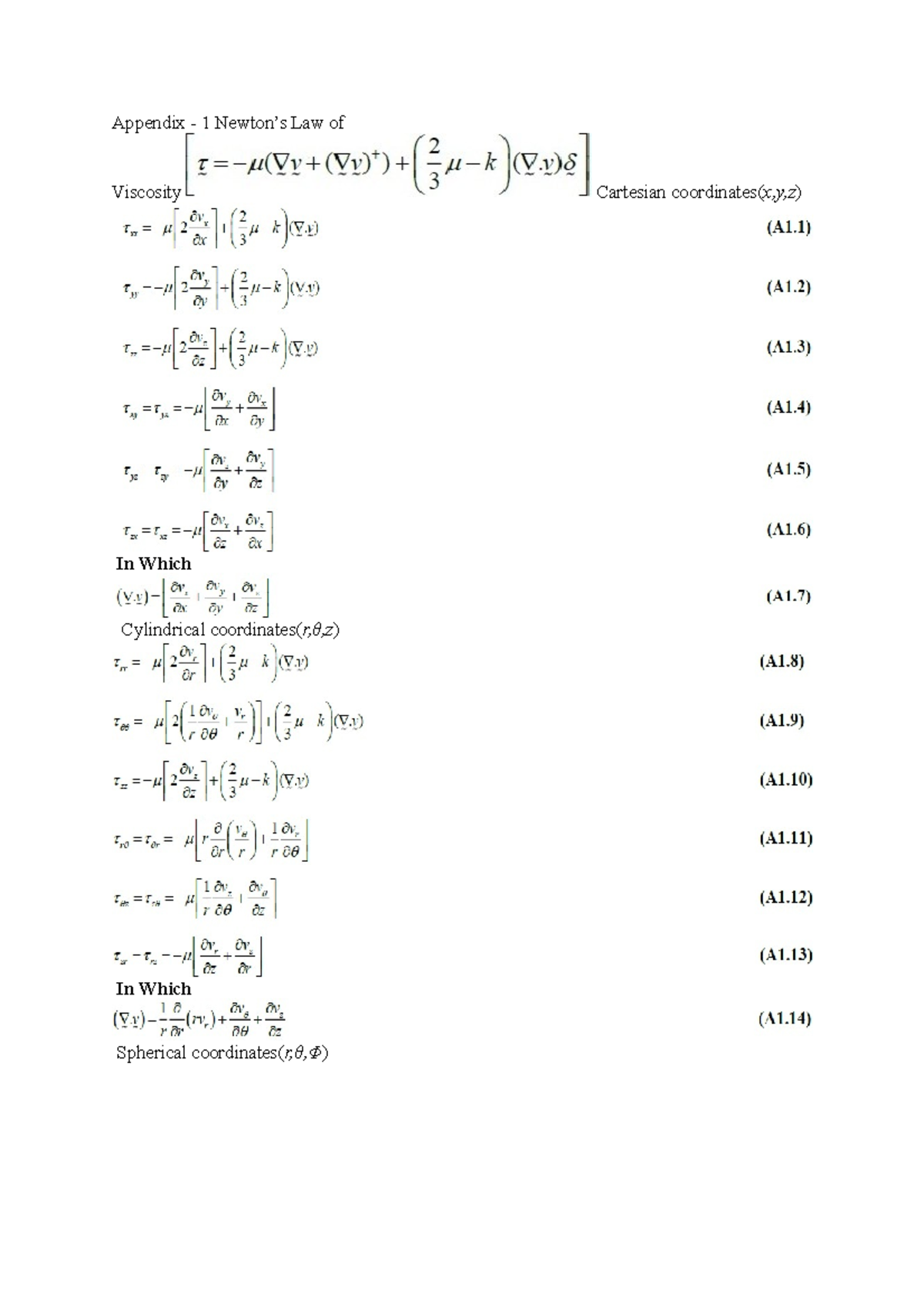 Appendi 1 - formula sheet - Appendix - 1 Newton’s Law of Viscosity ...