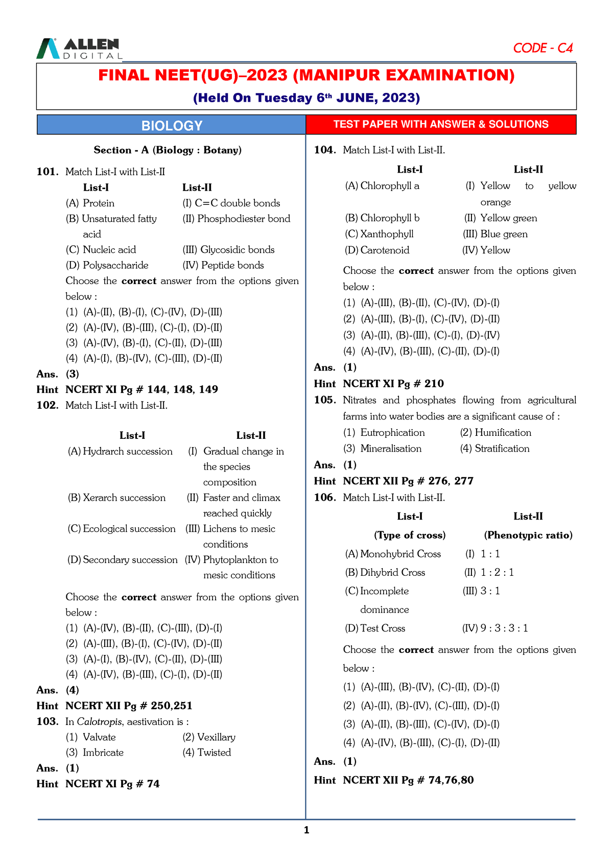 Biology - Test - FINAL NEET(UG)–2023 (MANIPUR EXAMINATION) (Held On ...