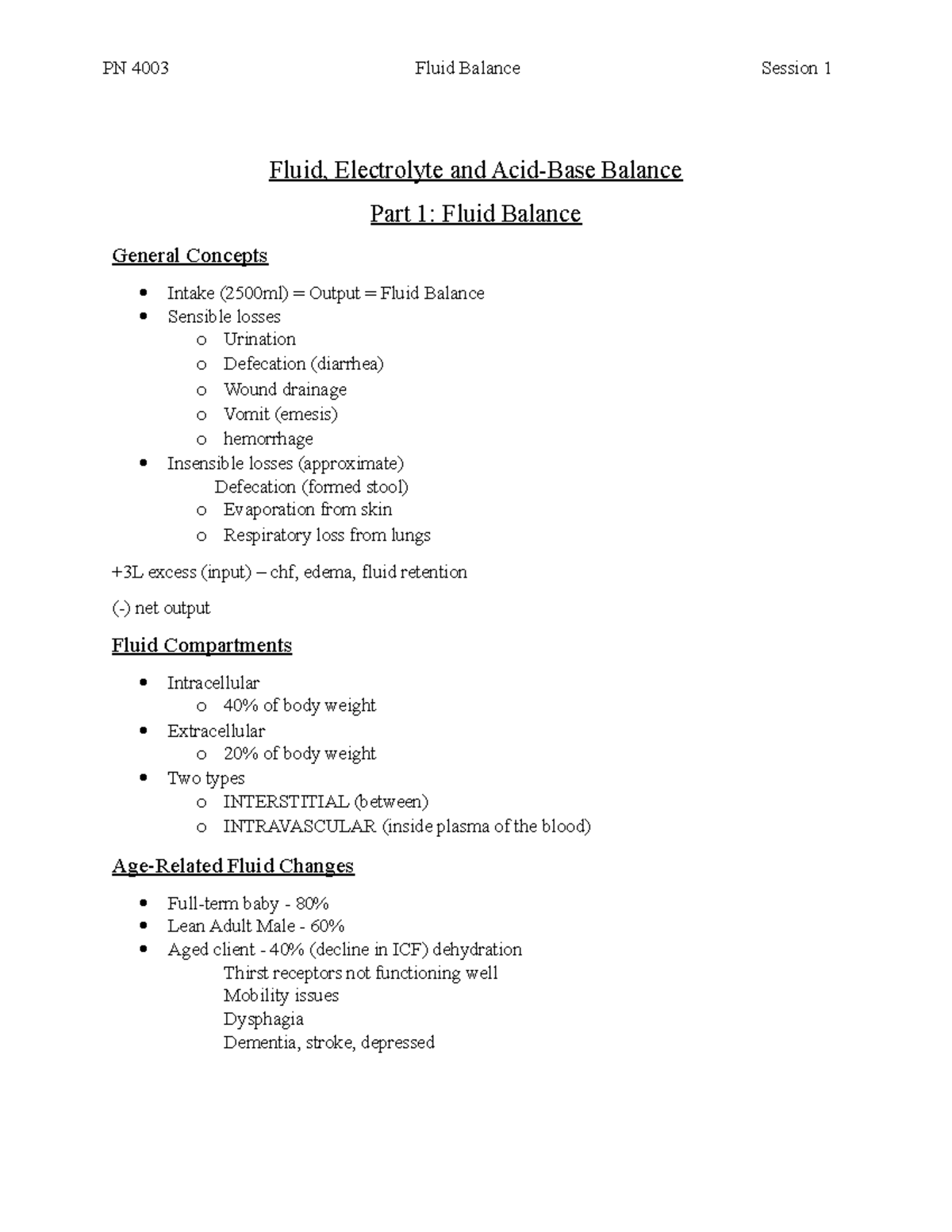 PN 4003 Session 1 - Fluid Balance - Fluid, Electrolyte and Acid-Base ...
