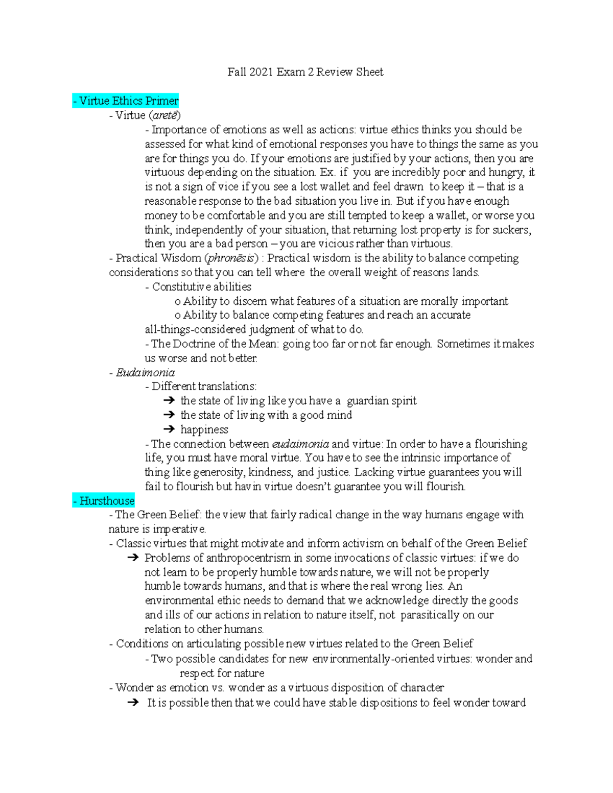 Phi243 Exam 2 Study Guide - Fall 2021 Exam 2 Review Sheet Virtue Ethics ...